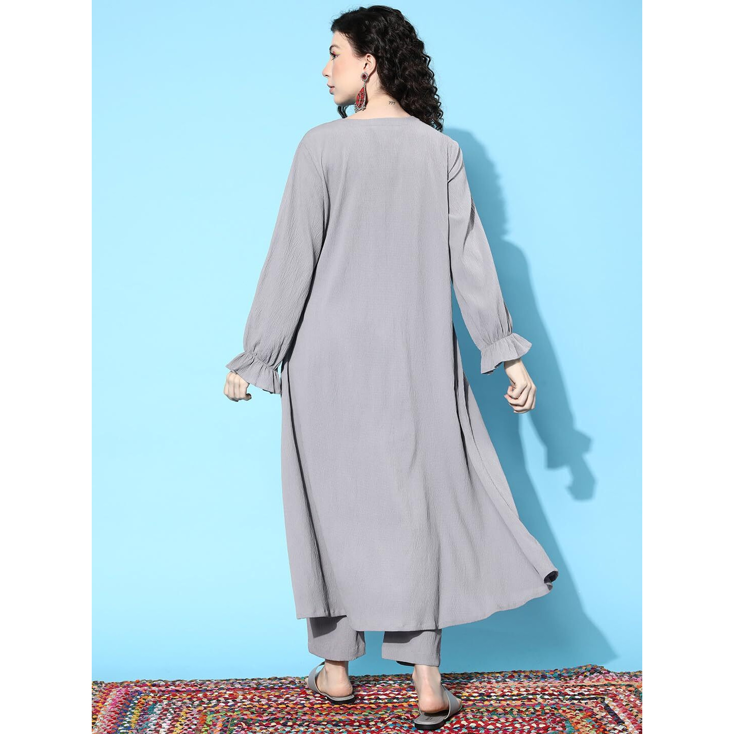 Varanga Women Grey Colour, Bishop Sleeve A-Line Kurta Paired With Tonal Bottom
