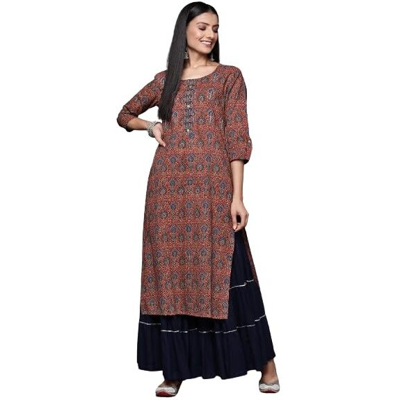 Varanga Rust Ajrakh Printed Kurta With Hand Work Detailings