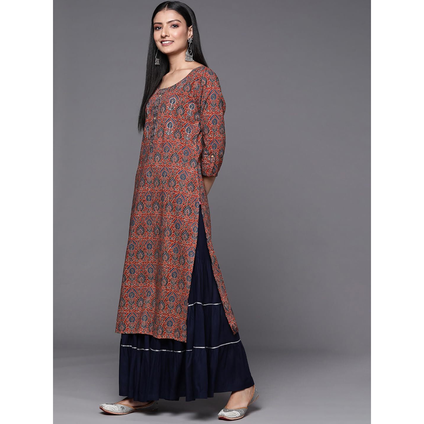 Varanga Rust Ajrakh Printed Kurta With Hand Work Detailings