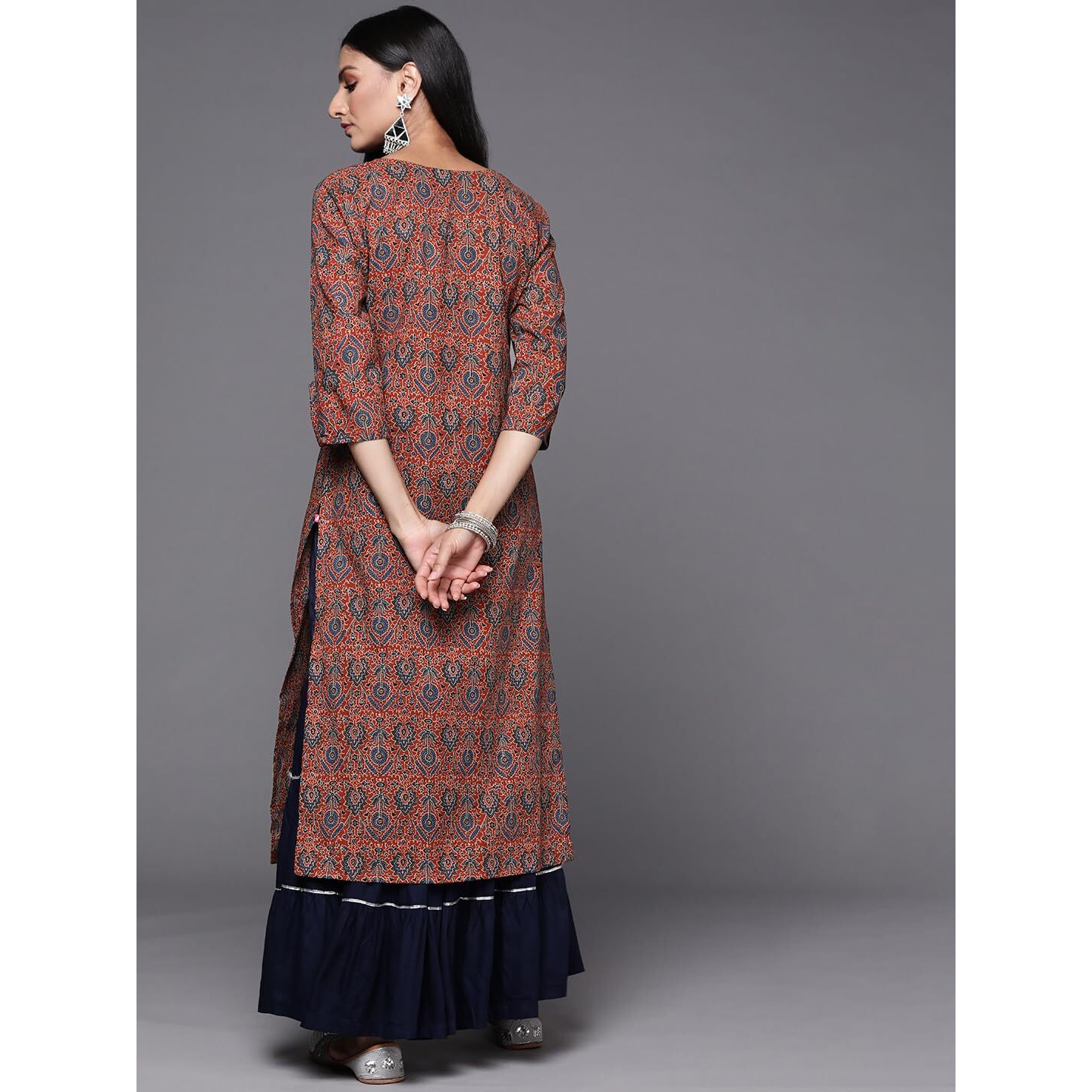 Varanga Rust Ajrakh Printed Kurta With Hand Work Detailings