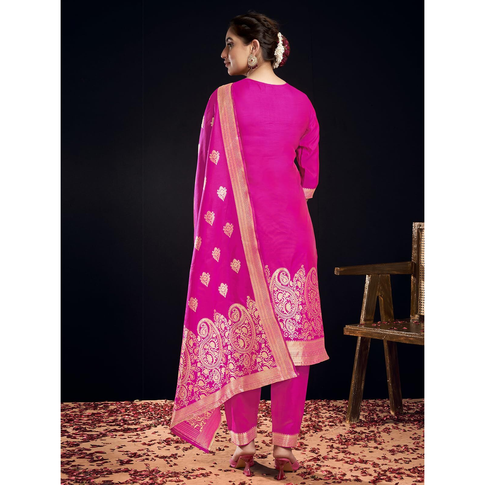 Sanisa Women's Silk Blend Jacquard Work Straight Kurta With Pant And Dupatta Set (217Kbd2294Na-S_Rani Pink & Golden1)