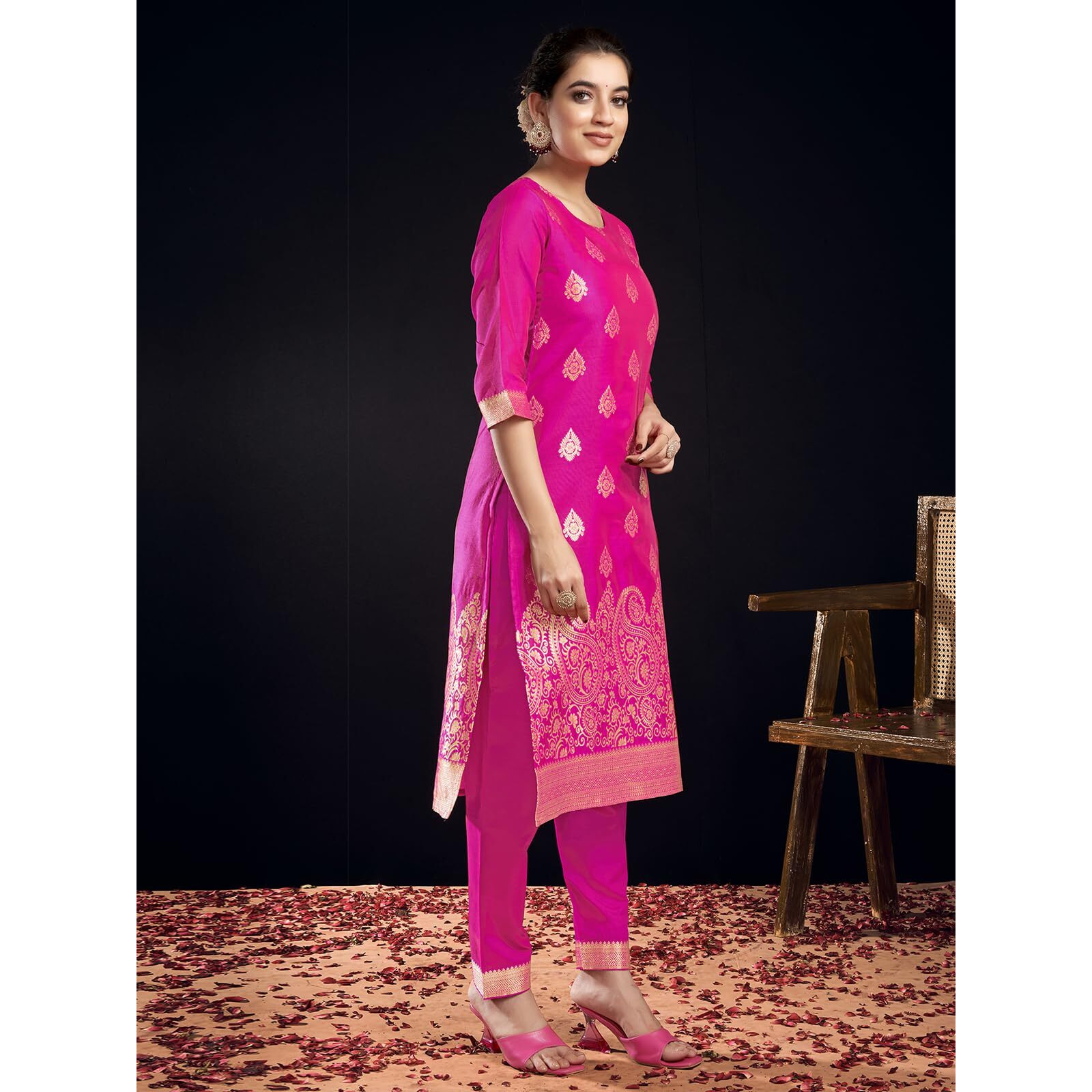 Sanisa Women's Silk Blend Jacquard Work Straight Kurta With Pant And Dupatta Set (217Kbd2294Na-S_Rani Pink & Golden1)