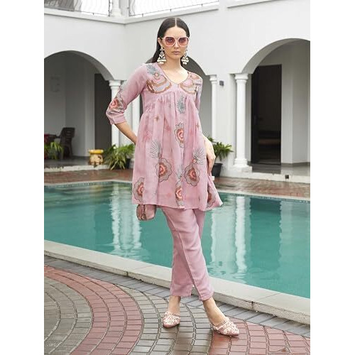 Womanista Women's Linen Solid Regular Set (Co-Ords_9101_Pink_2Xl)