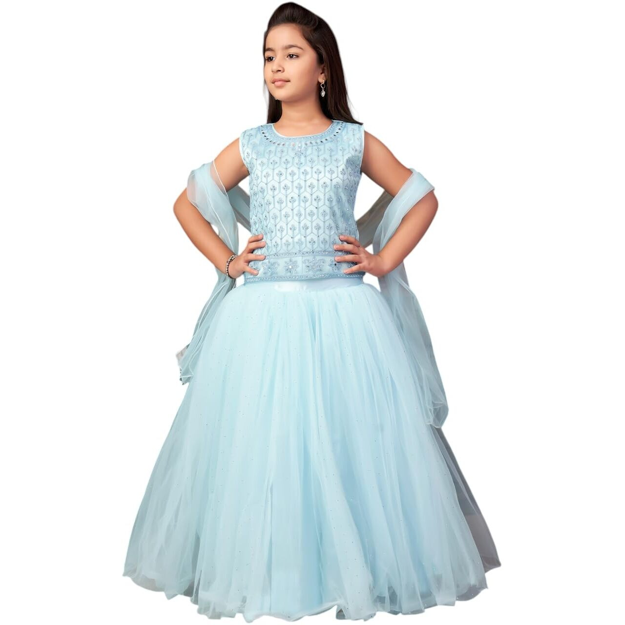 Aarika Girls Ethnic Wear Turquoise Colour Mirror Embroidery Net Lehenga Choli Set With Dupatta-3-13 Years (Lch-18273)