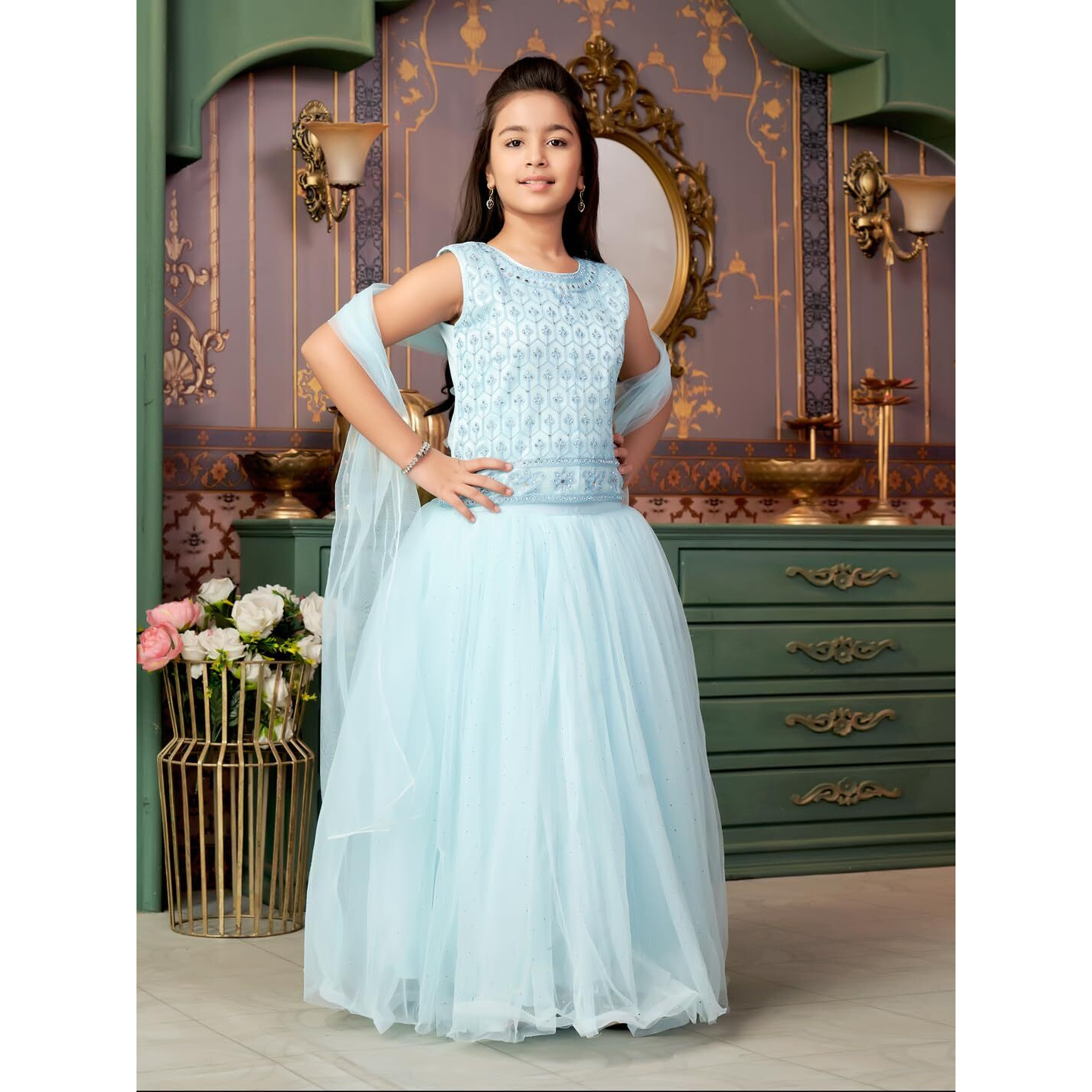 Aarika Girls Ethnic Wear Turquoise Colour Mirror Embroidery Net Lehenga Choli Set With Dupatta-3-13 Years (Lch-18273)