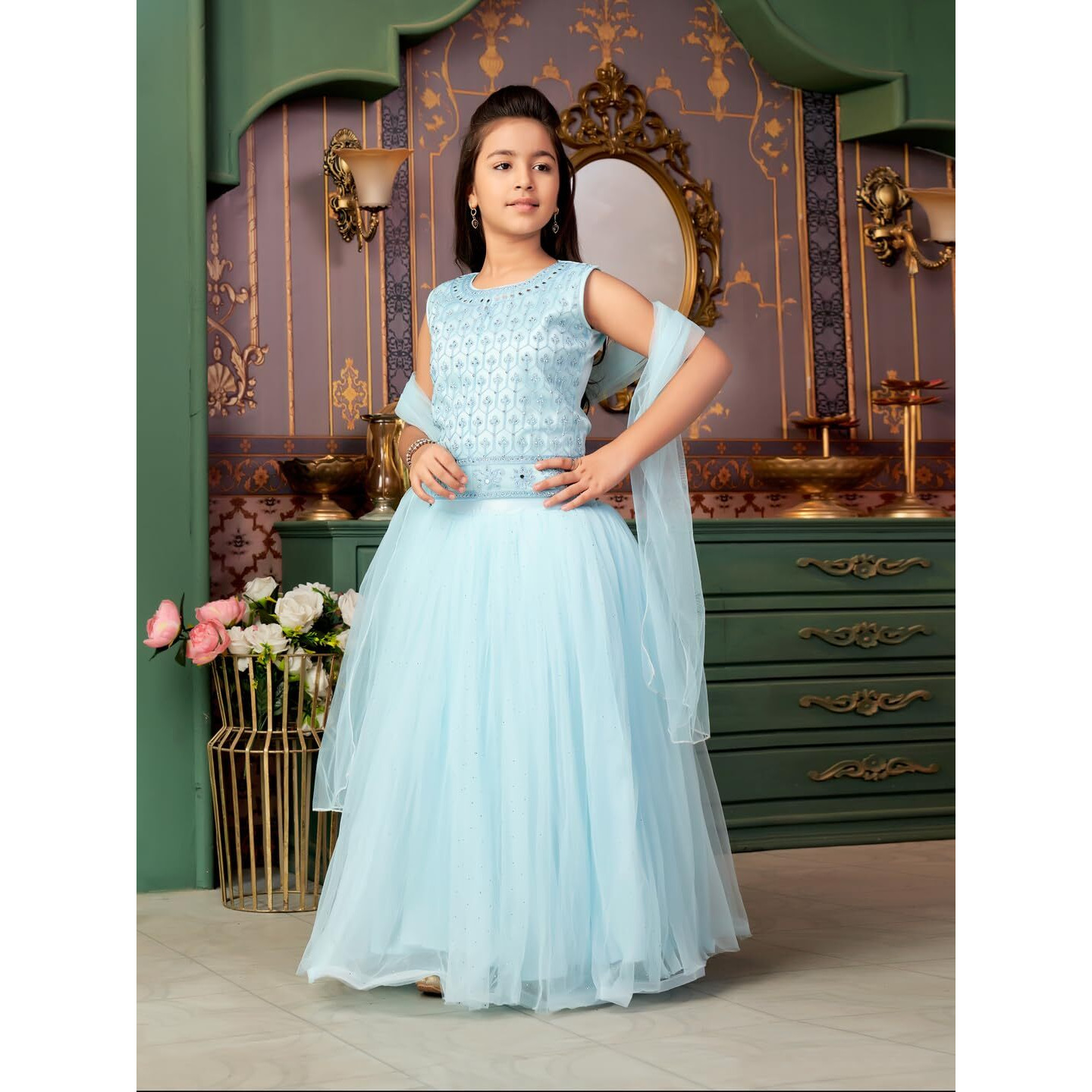 Aarika Girls Ethnic Wear Turquoise Colour Mirror Embroidery Net Lehenga Choli Set With Dupatta-3-13 Years (Lch-18273)