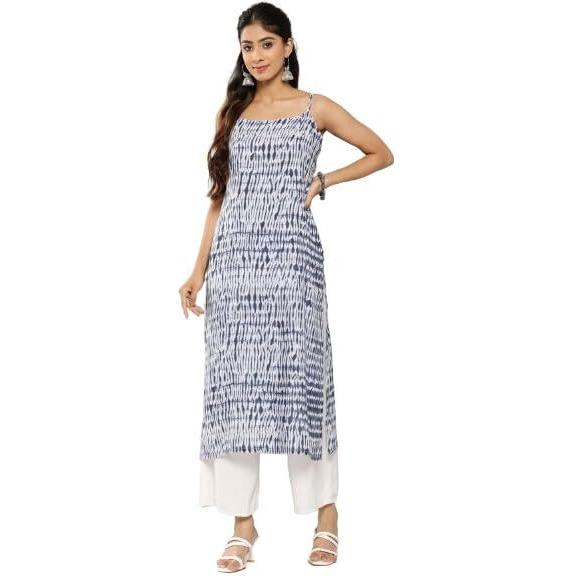 Blue And White Shibori Printed Spaghetti Strap Style Straight Kurta With Side Slits, With Adjuster Details On Strap