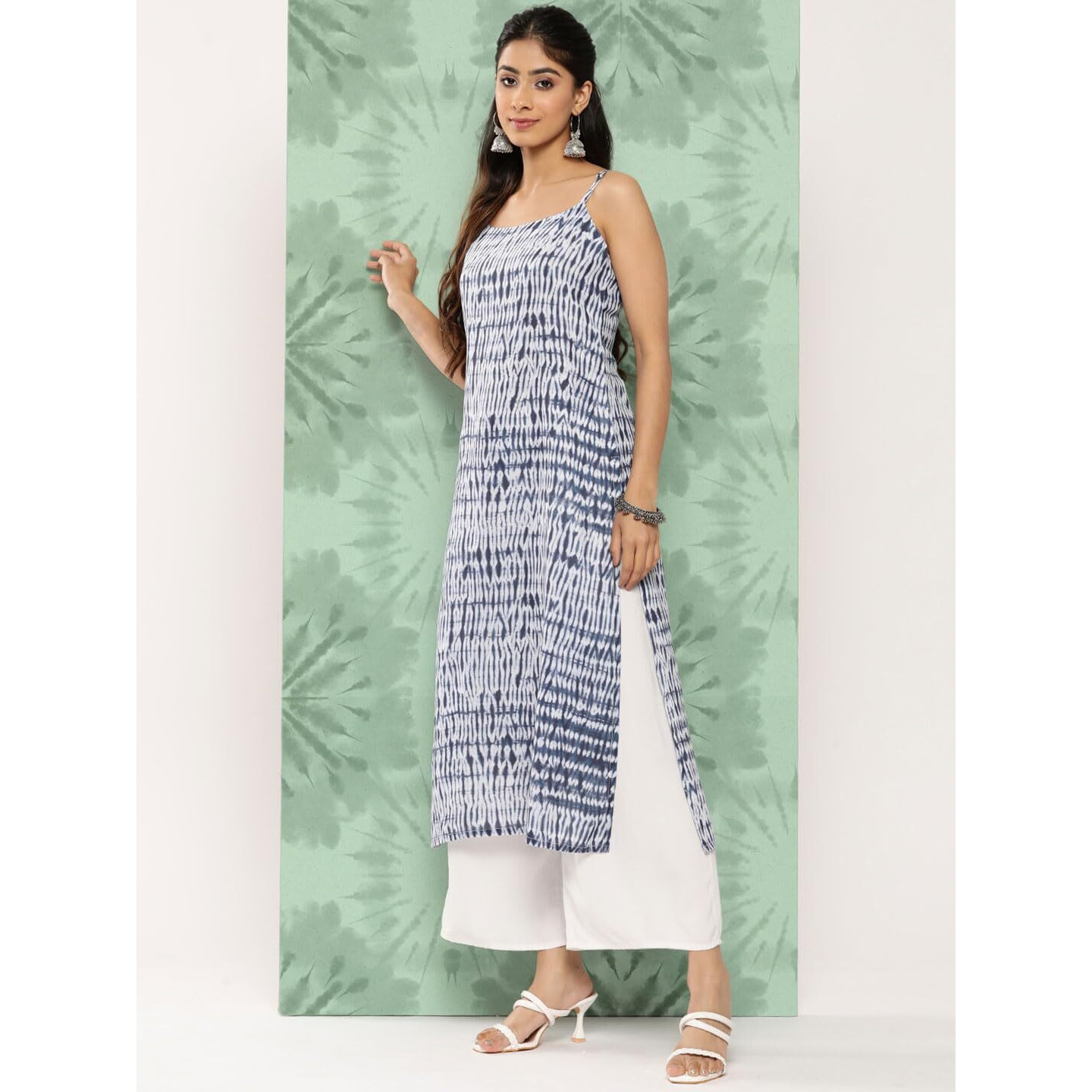 Blue And White Shibori Printed Spaghetti Strap Style Straight Kurta With Side Slits, With Adjuster Details On Strap