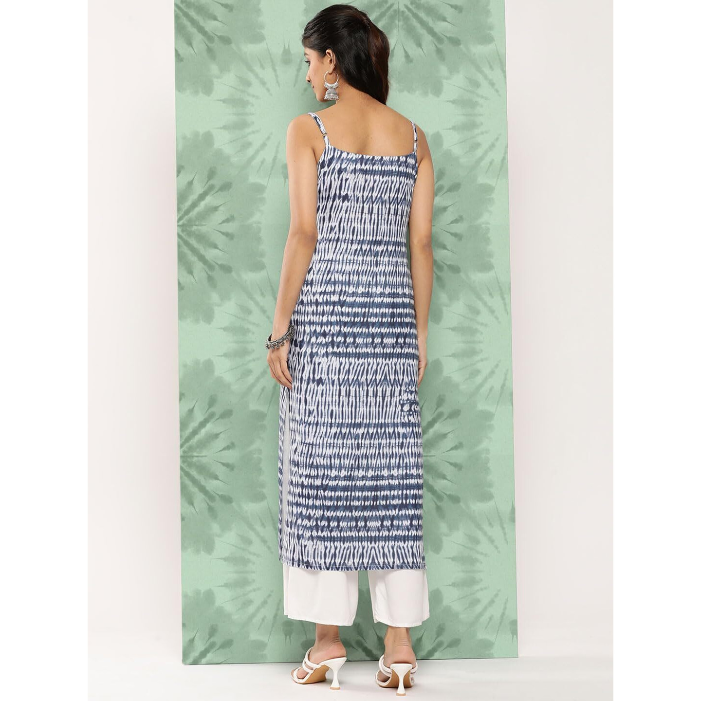 Blue And White Shibori Printed Spaghetti Strap Style Straight Kurta With Side Slits, With Adjuster Details On Strap