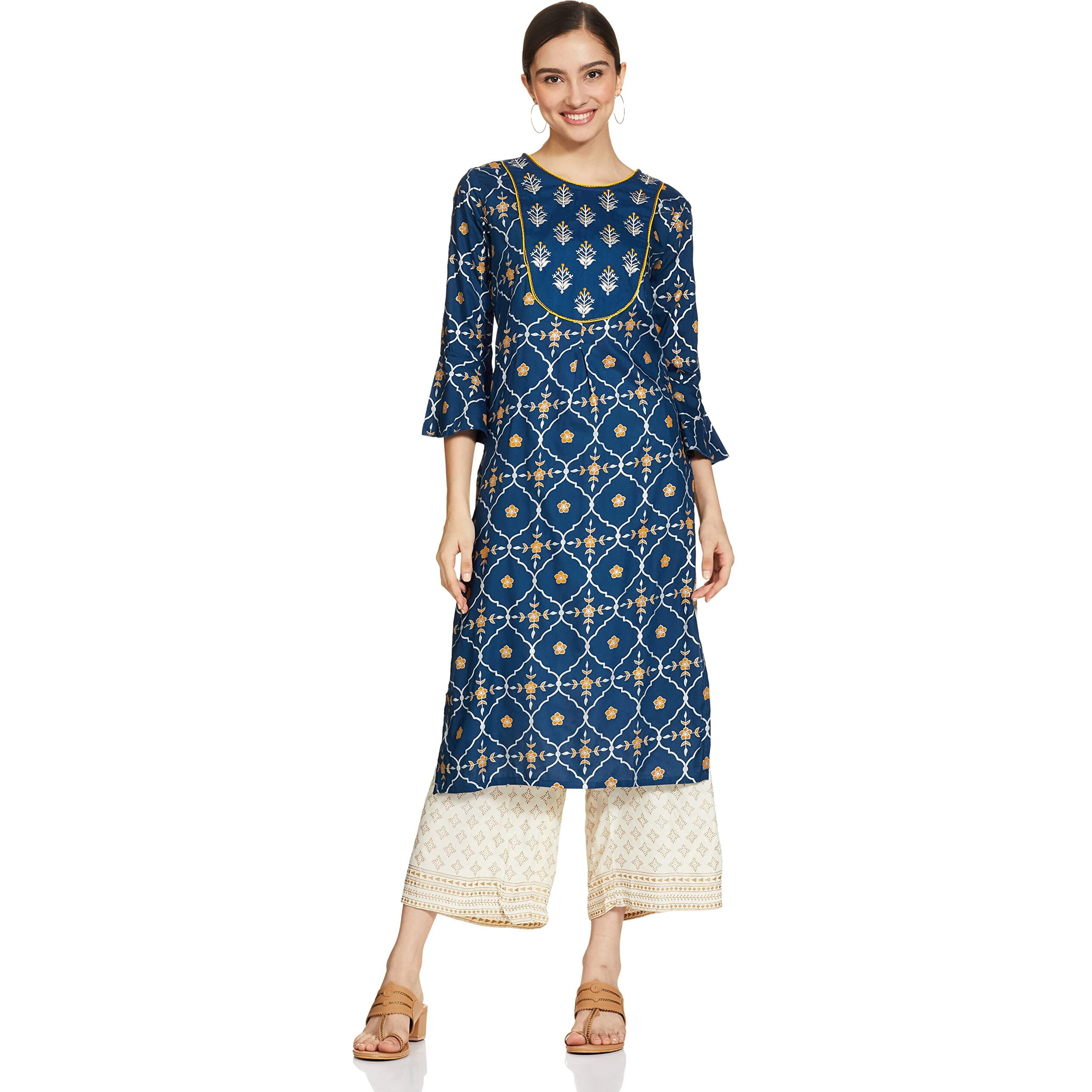 Anubhutee Women's Rayon Ethnic Motifs Printed Straight Kurta Suit Set With Palazzo Anu1911059_S_Teal Blue