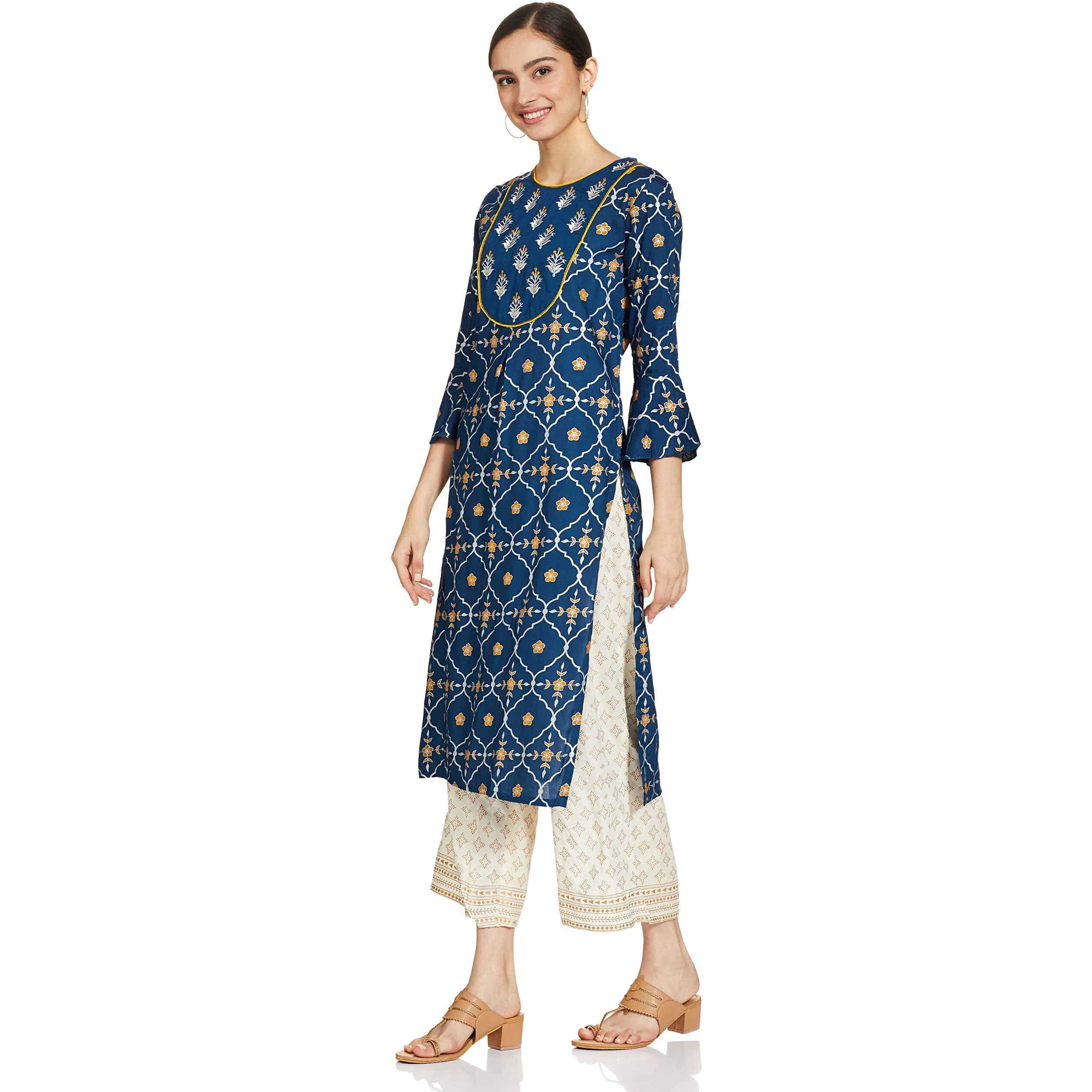 Anubhutee Women's Rayon Ethnic Motifs Printed Straight Kurta Suit Set With Palazzo Anu1911059_S_Teal Blue