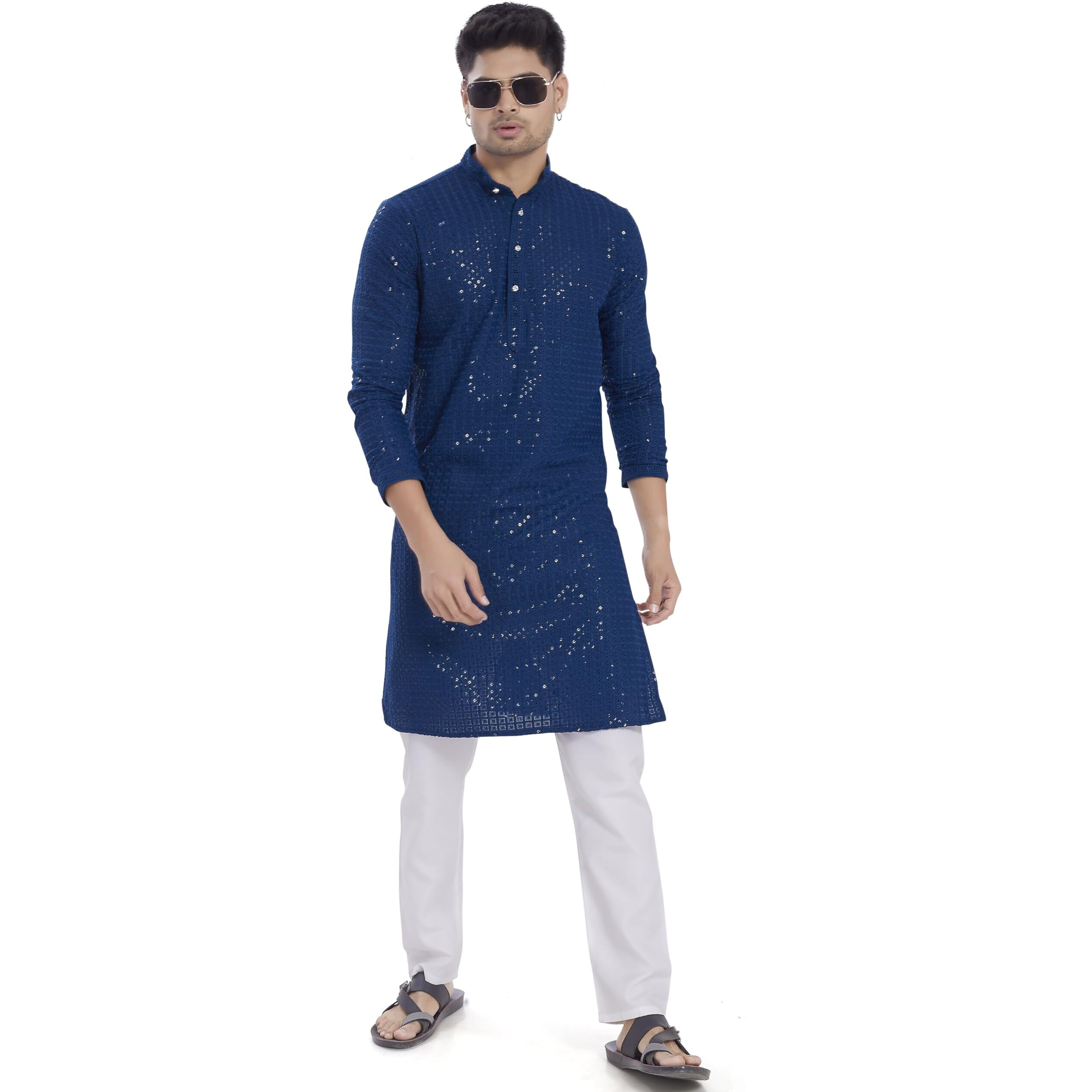 Divisive Men's Sequince Embroidered Cotton Blend Only Slim Fit Kurta (Dkrt1146_M_Aqua Blue)