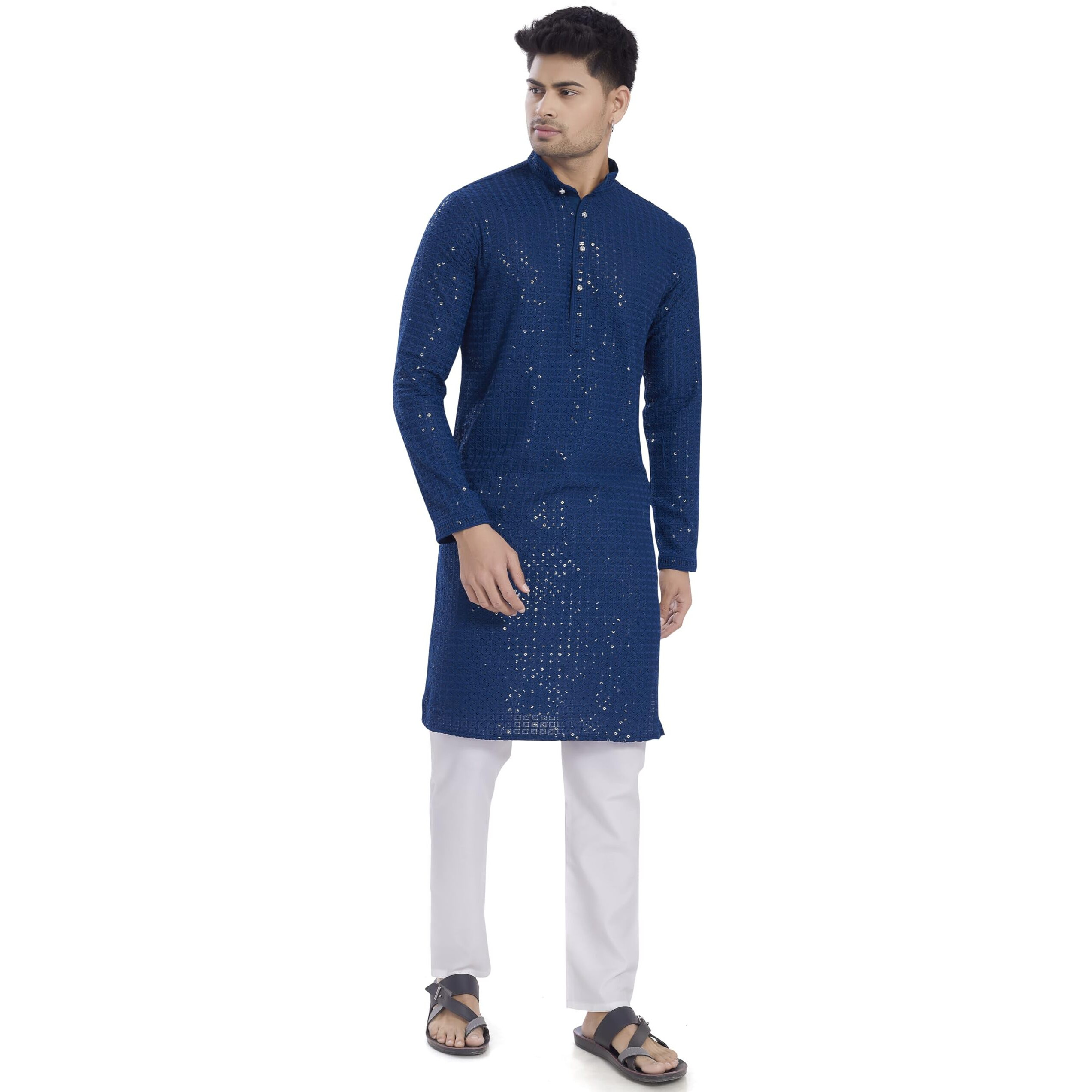 Divisive Men's Sequince Embroidered Cotton Blend Only Slim Fit Kurta (Dkrt1146_M_Aqua Blue)
