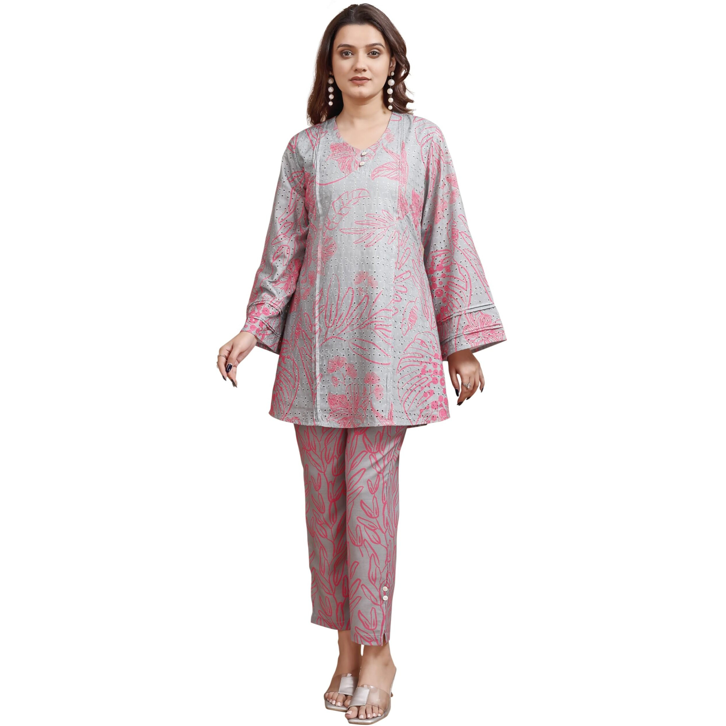 Womanista Women's Cotton Blend Dusty Green Colour Hakoba Printed Tunic With Trouser Cord Set(Co-Ords_9094_Xl)