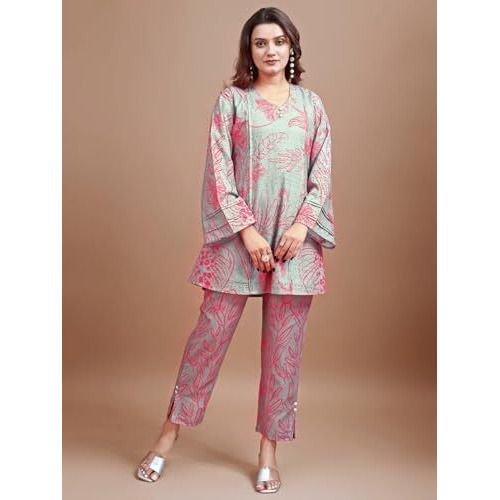 Womanista Women's Cotton Blend Dusty Green Colour Hakoba Printed Tunic With Trouser Cord Set(Co-Ords_9094_Xl)