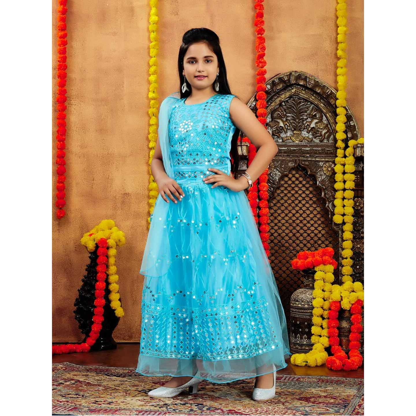 Aarika Girls Ethnic Wear Turquoise Colour Sequin Thread Embroidery Net Lehenga Choli Set (4-10 Years)