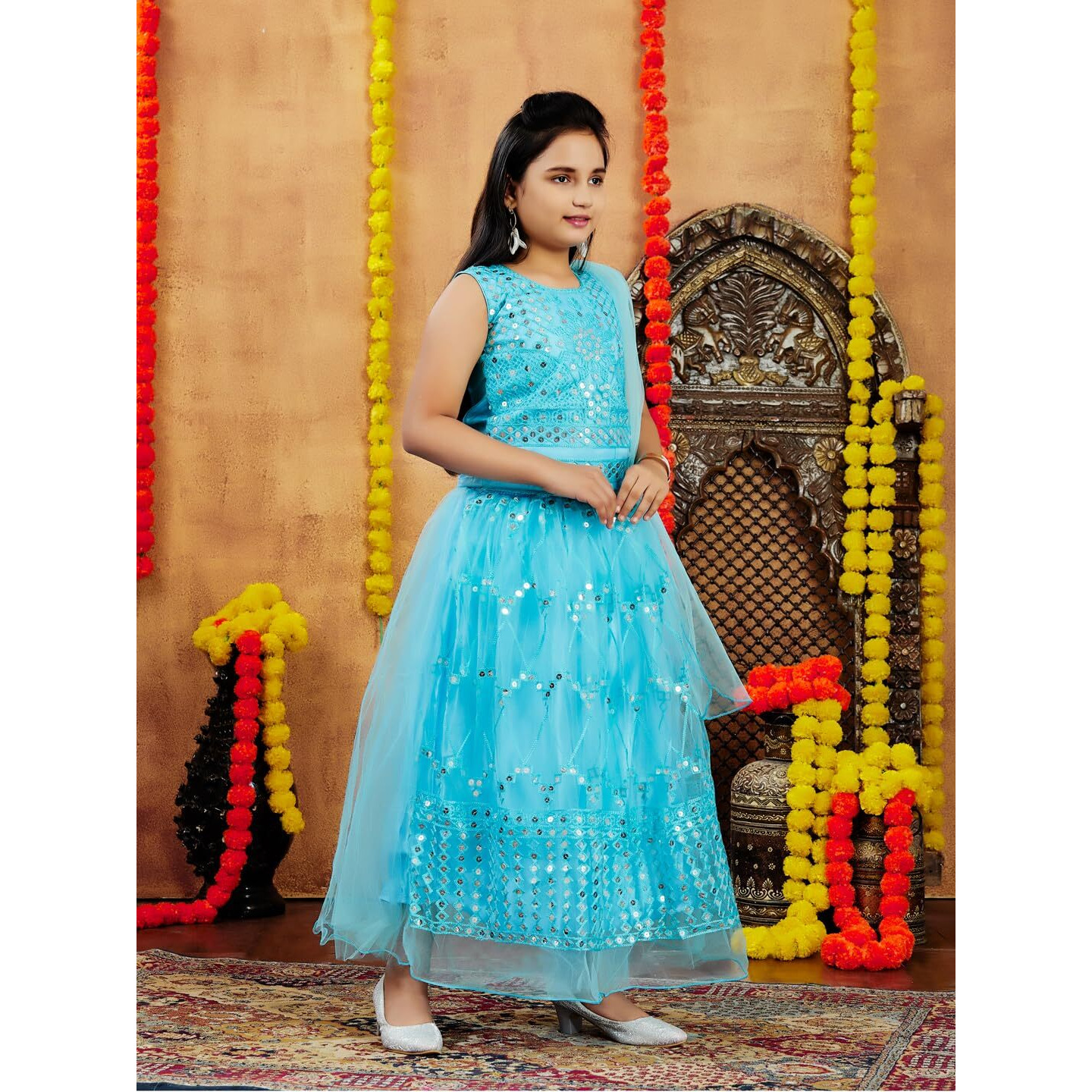 Aarika Girls Ethnic Wear Turquoise Colour Sequin Thread Embroidery Net Lehenga Choli Set (4-10 Years)