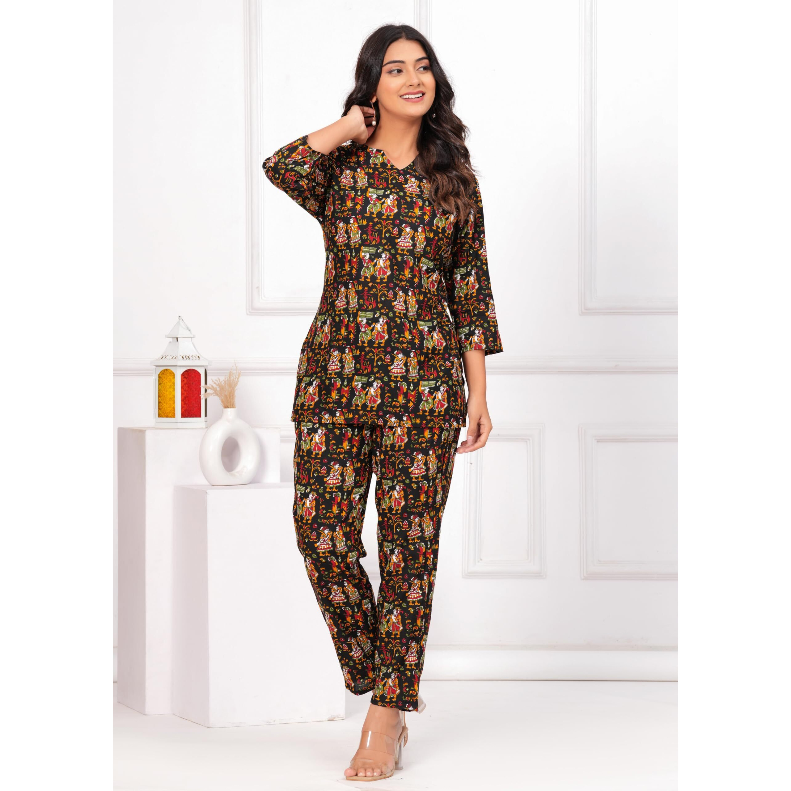Jikonet Women Cotton Printed Co-Ord Set Kurta Set With Pant Set (Black, Small)