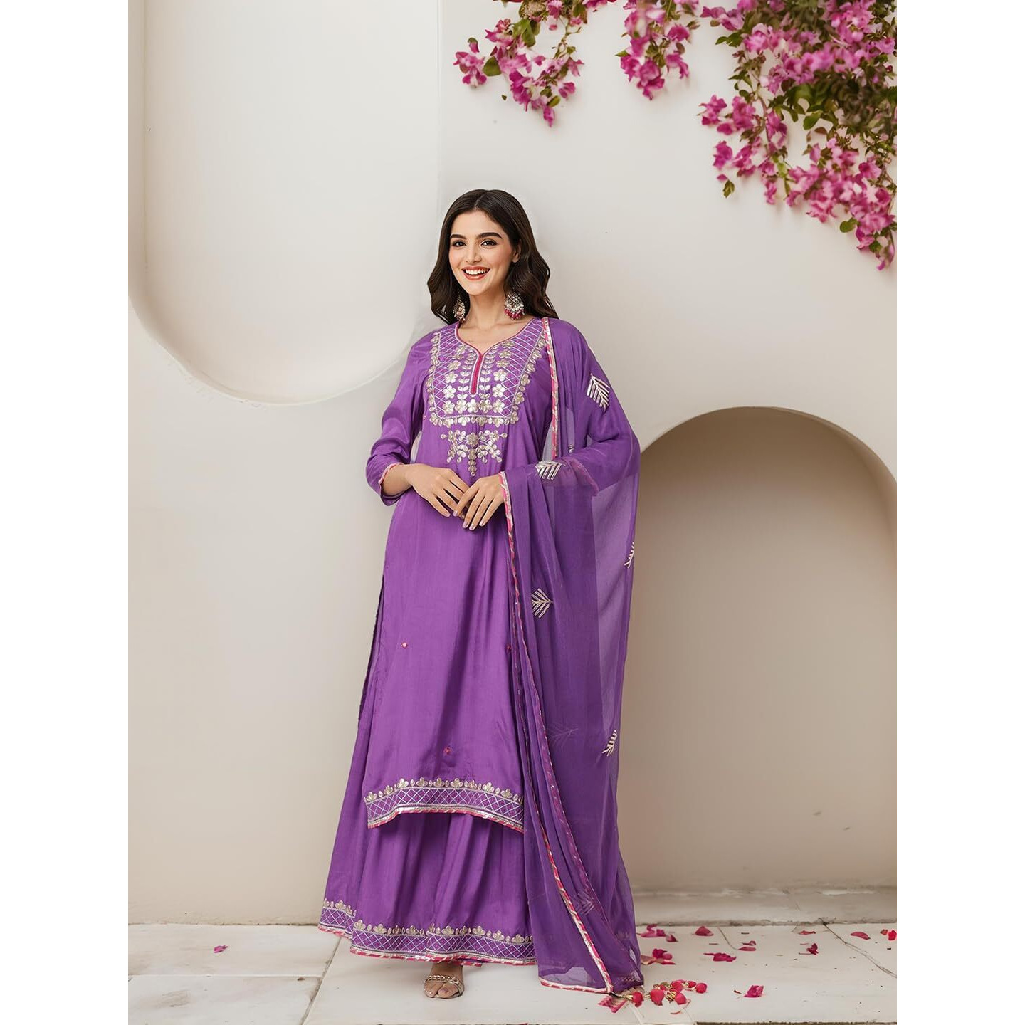 Ishin Purple Gotta Patti Detail Straight Kurta With Sharara And Dupatta
