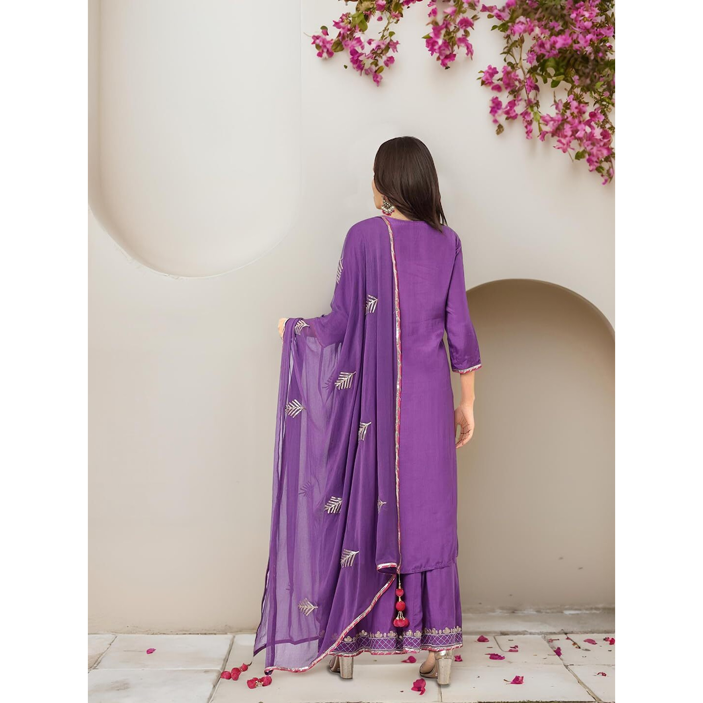 Ishin Purple Gotta Patti Detail Straight Kurta With Sharara And Dupatta