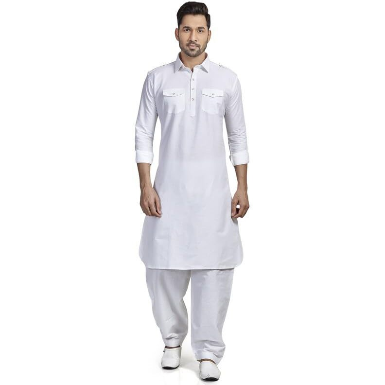 Be Active Men's Solid Pathani White Kurta Set || Men Kurta Pajama || Men Kurta Pajama Set || Kurta Pajama For Men (Rfsp0002 5 (White)-L)