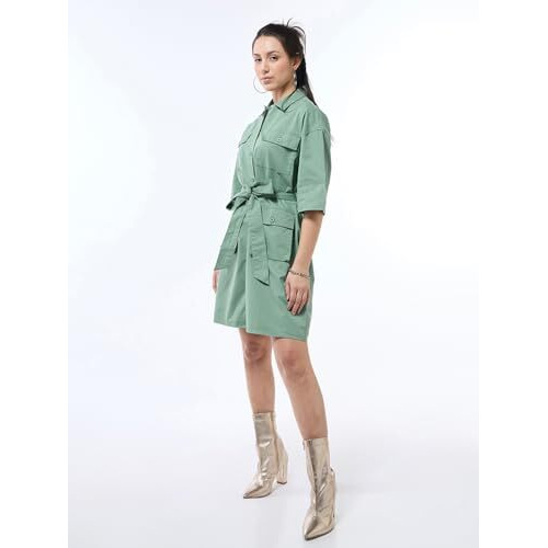 Bewakoof Women's Solid Oversized Fit Half Sleeve Collar Cotton Blend Shirt Dress_628205_Green_M