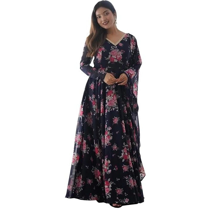 Fashion Basket Women's Georgette Anarkali Kurta Set With Duptta For Women (In, Alpha, S, Regular, Blue)