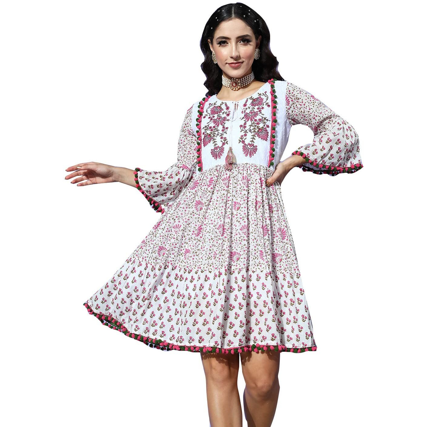 Ishin Women's Above Knee Length Cotton Embroidered Floral White A-Line Dress Inwdr0317_Wh_Xs_White