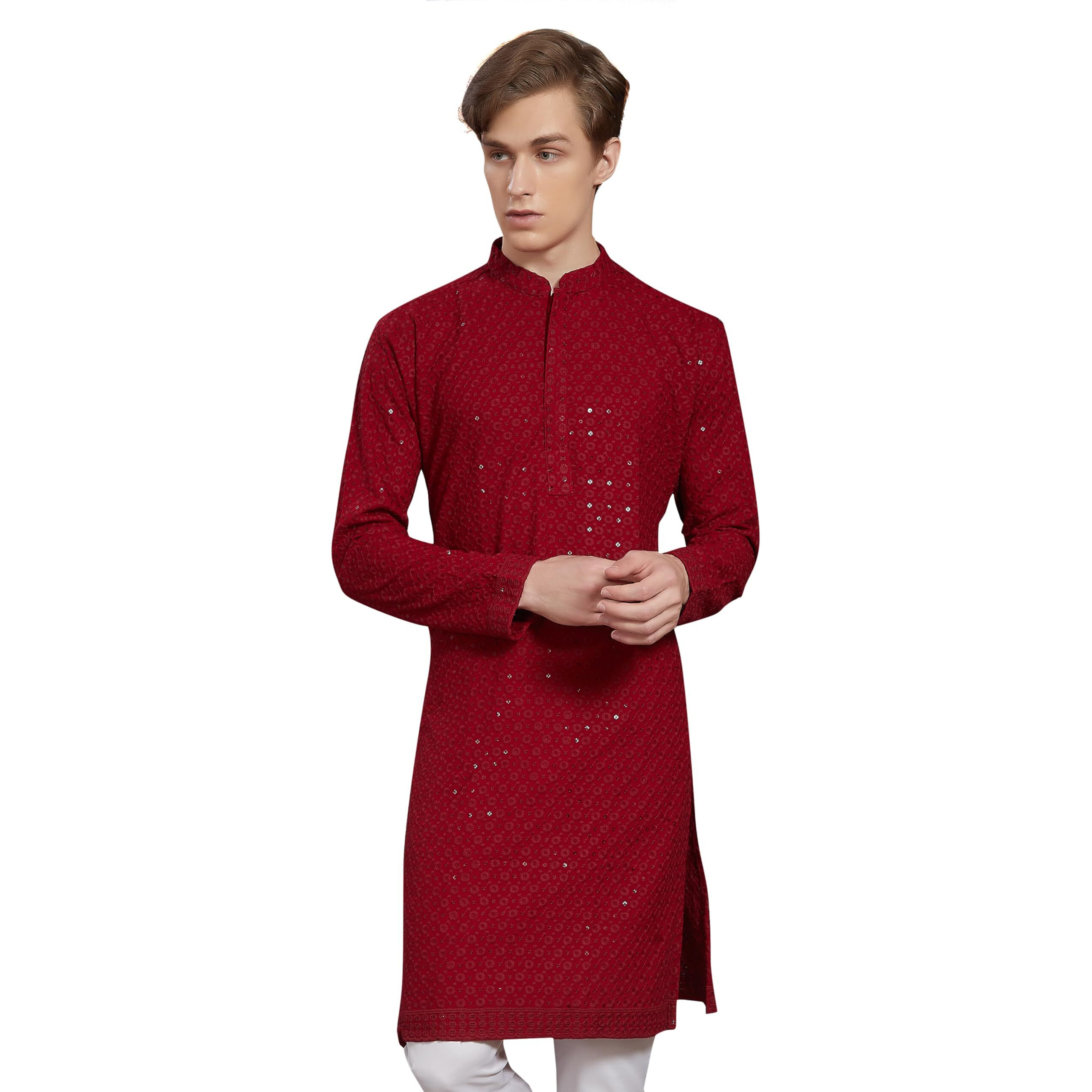 Divisive Men's Sequince Embroidered Cotton Blend Only Slim Fit Kurta (Dkrt20_Xxl_Maroon)