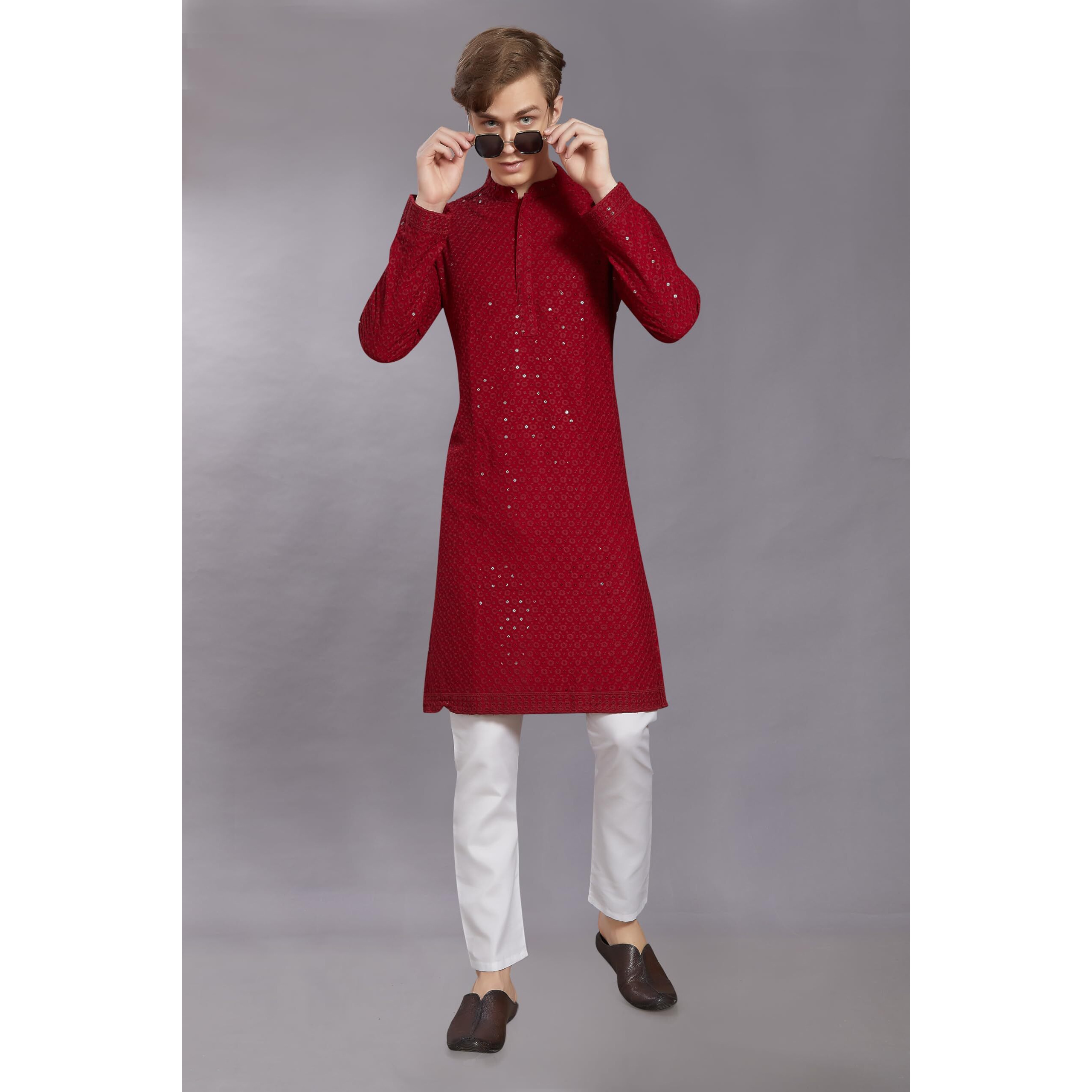 Divisive Men's Sequince Embroidered Cotton Blend Only Slim Fit Kurta (Dkrt20_Xxl_Maroon)