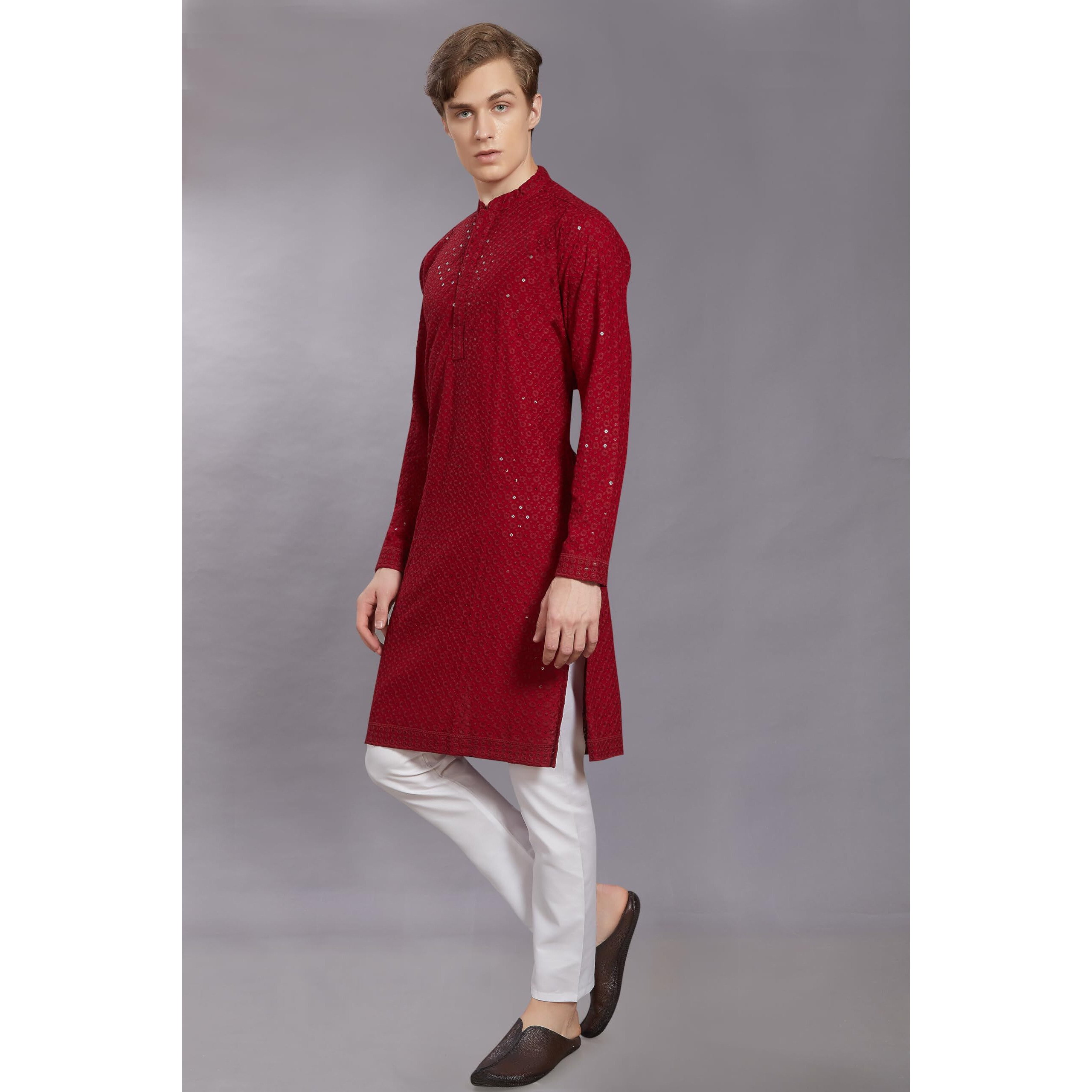 Divisive Men's Sequince Embroidered Cotton Blend Only Slim Fit Kurta (Dkrt20_Xxl_Maroon)
