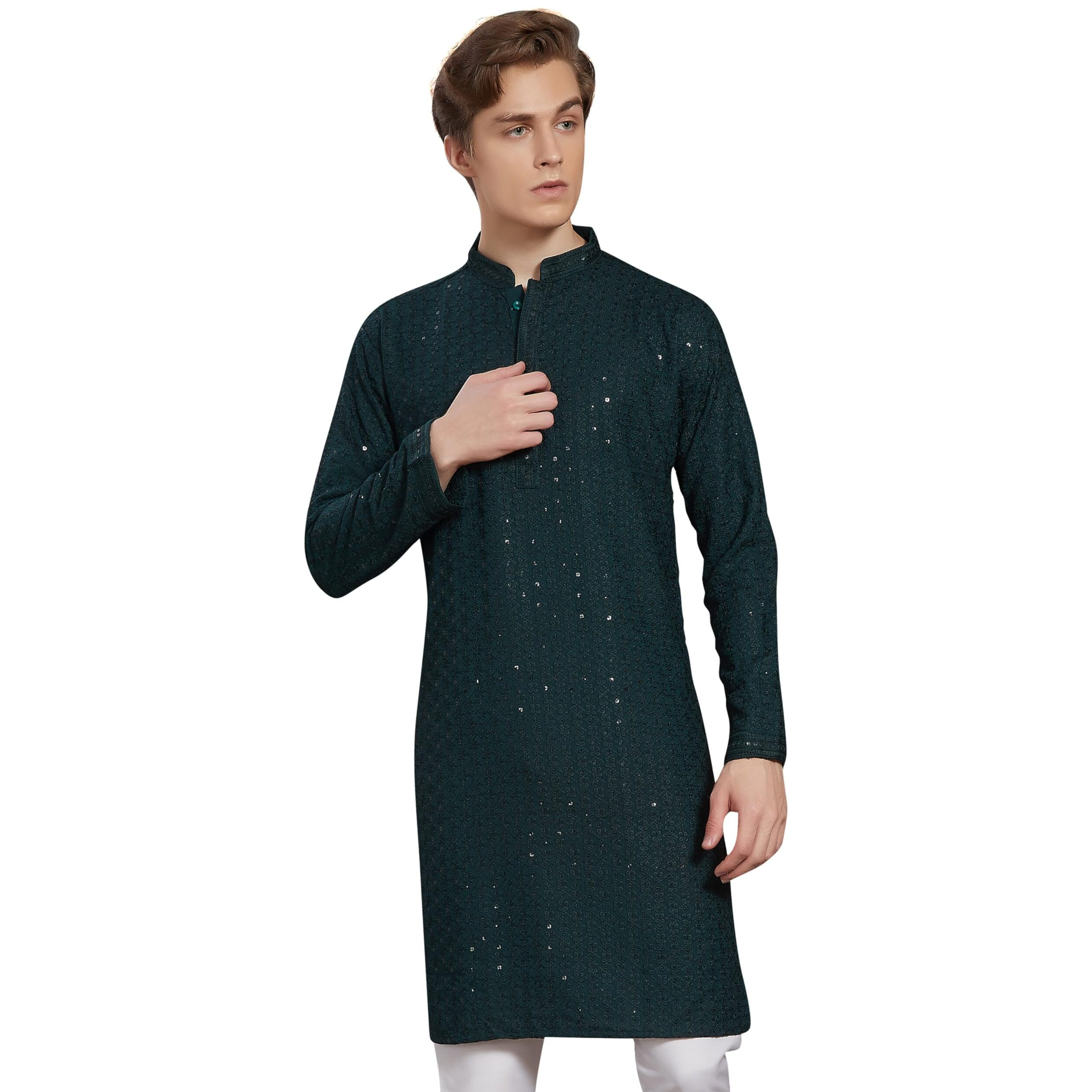 Divisive Men's Sequince Embroidered Cotton Blend Only Slim Fit Kurta (Dkrt234_M_Green)