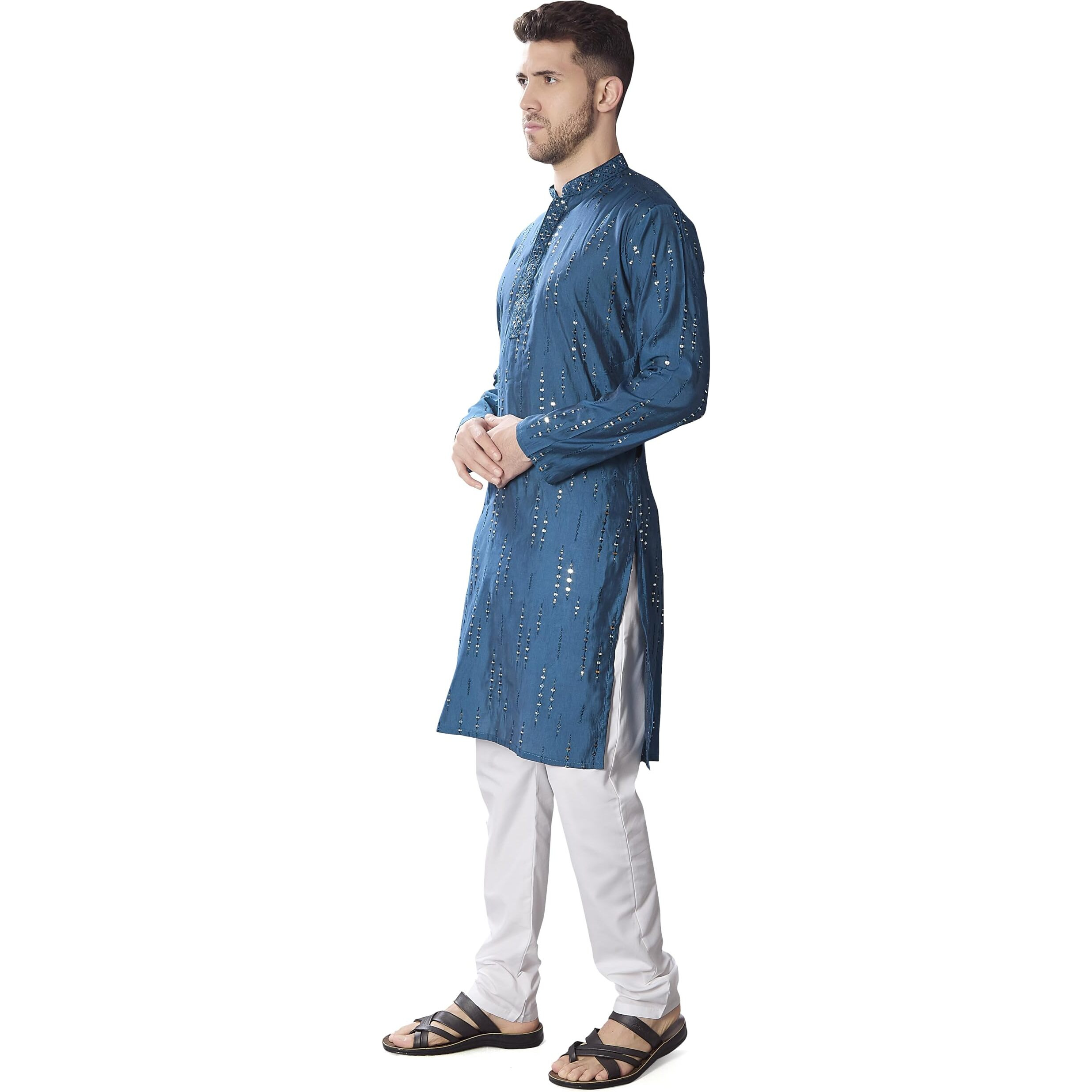 Divisive Men's Mirror Embroidered Silk Blend Only Slim Fit Kurta (Dkrt816_Xxl_P Blue)