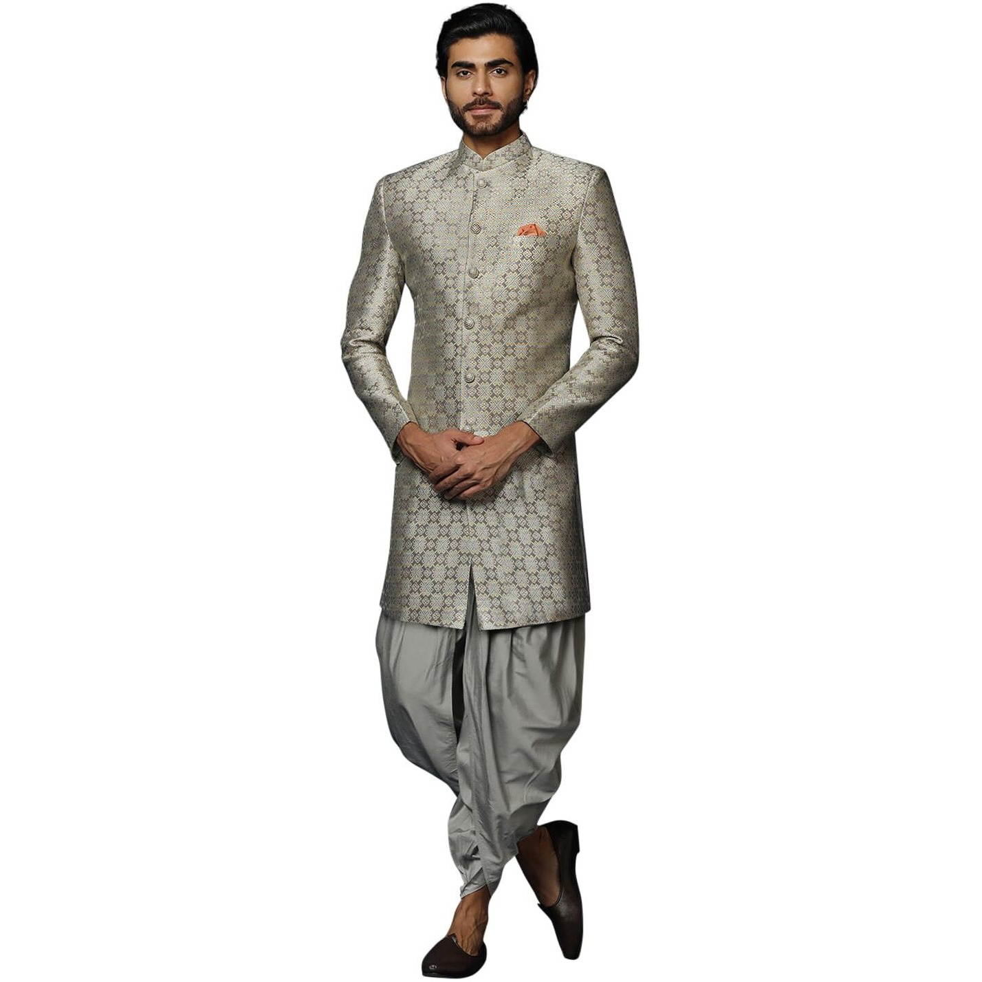 Kisah Mens Sherwani Dhoti Set Silk Blend Jacquard, Indo-Western Ethnic Wear For Men, Grey, 44