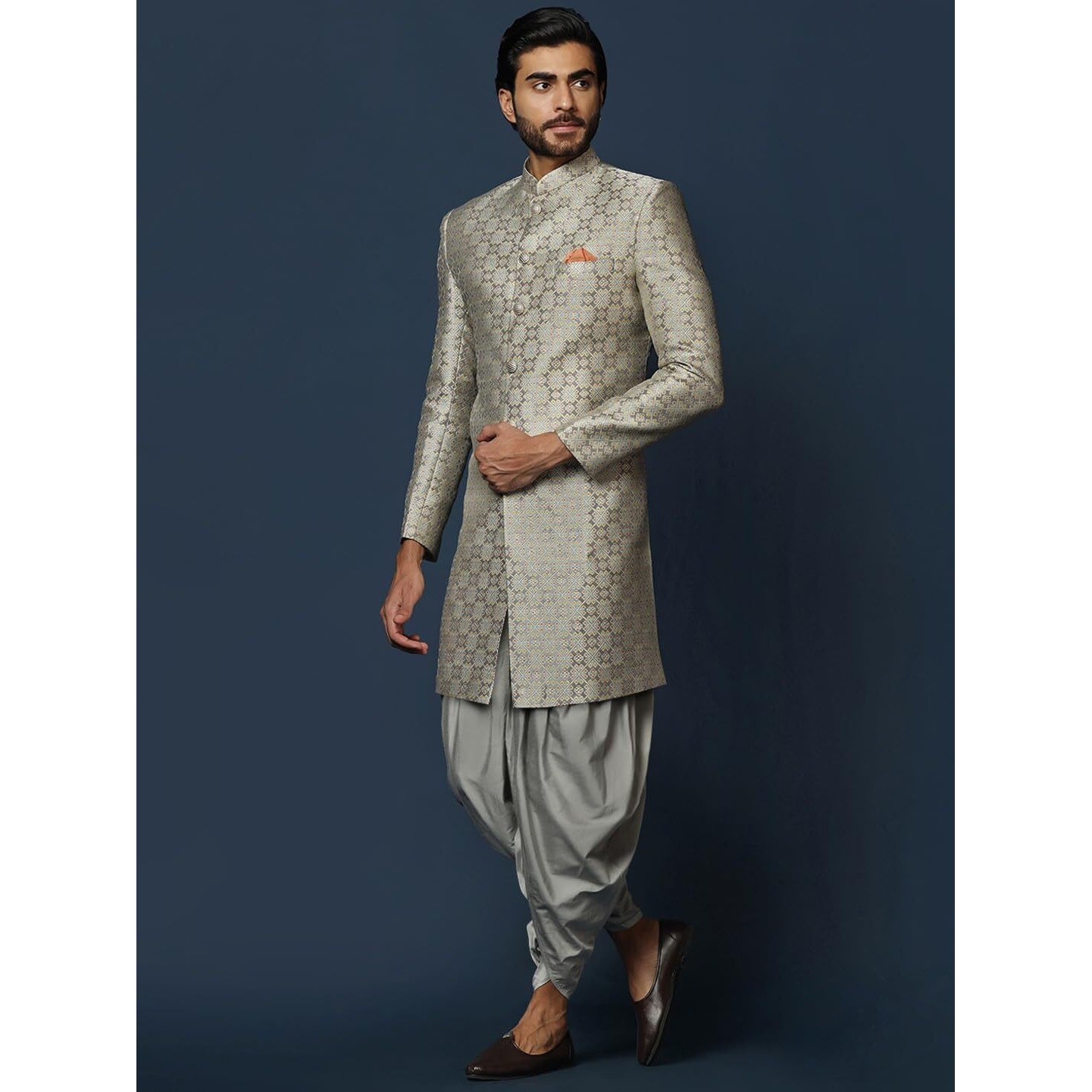 Kisah Mens Sherwani Dhoti Set Silk Blend Jacquard, Indo-Western Ethnic Wear For Men, Grey, 44