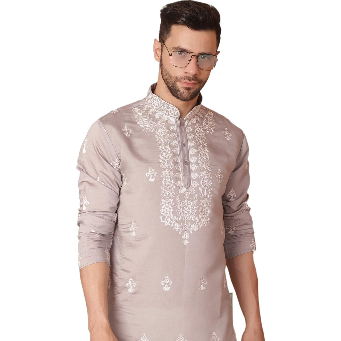 Jompers Men's Grey Chikankari Embroidered Kurta Only (Grey, L)