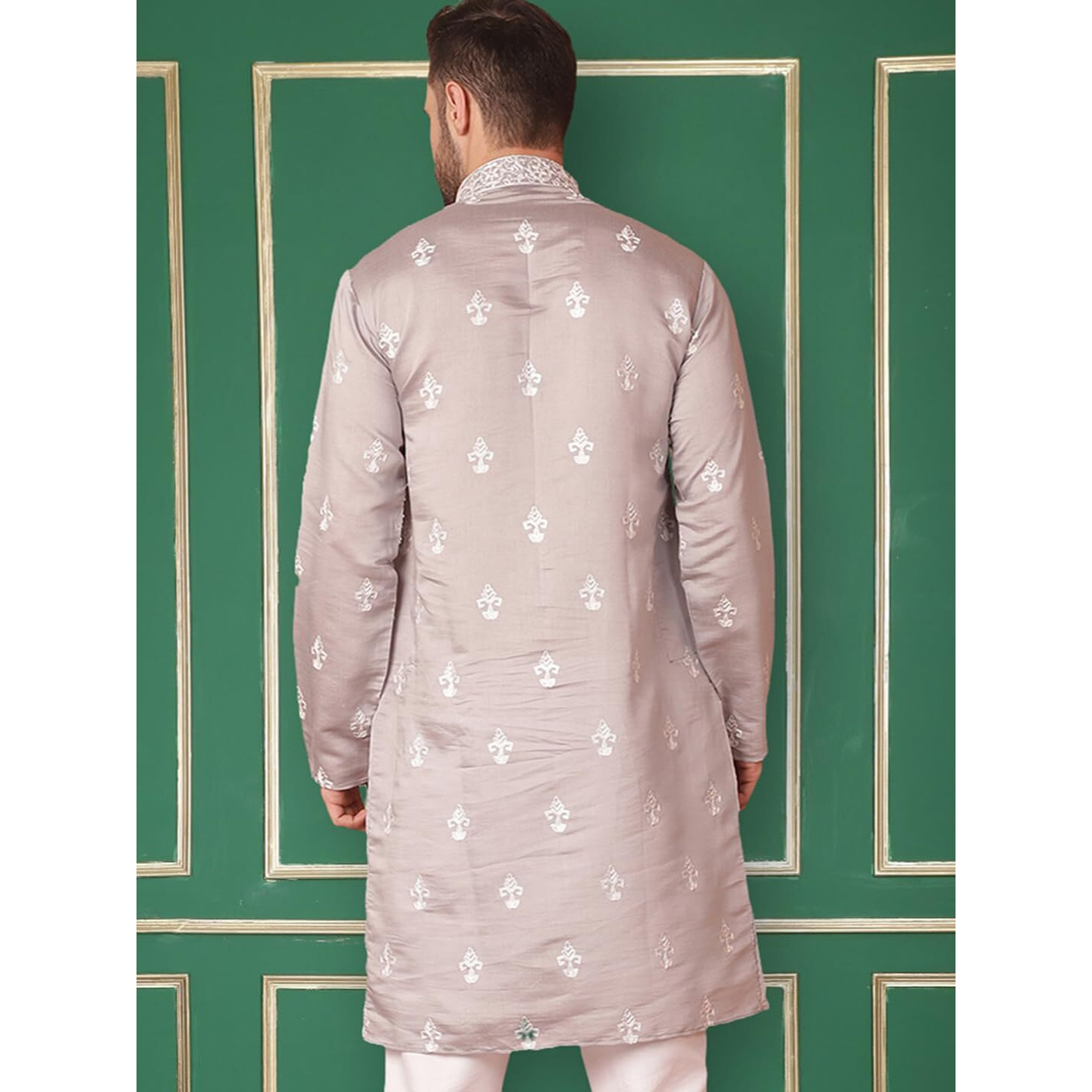 Jompers Men's Grey Chikankari Embroidered Kurta Only (Grey, L)