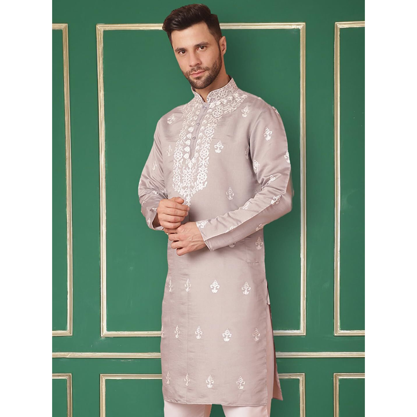 Jompers Men's Grey Chikankari Embroidered Kurta Only (Grey, L)