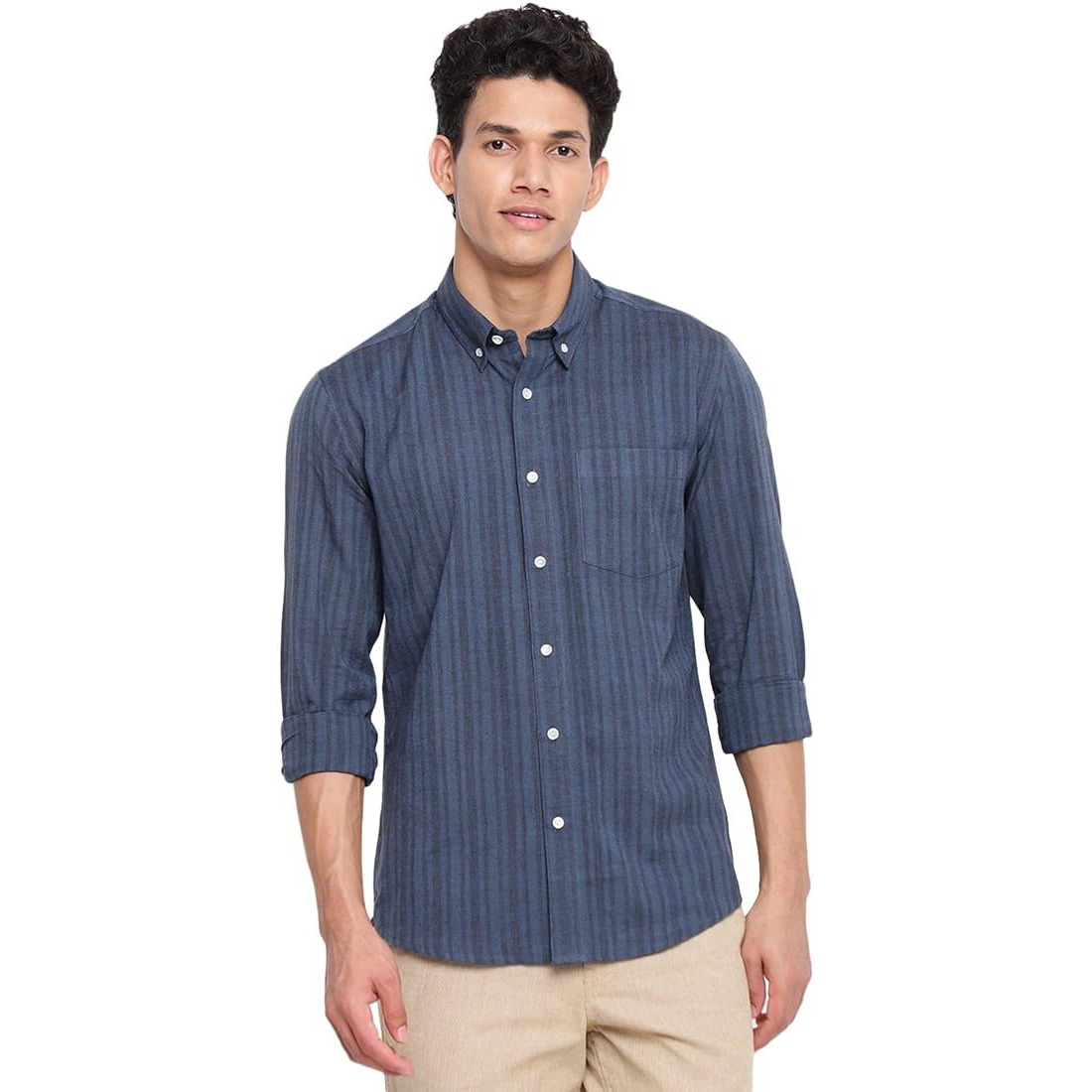 Fabindia Men Cotton Striped Slim Fit Shirt Navy_Xs