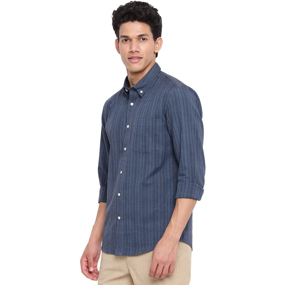 Fabindia Men Cotton Striped Slim Fit Shirt Navy_Xs