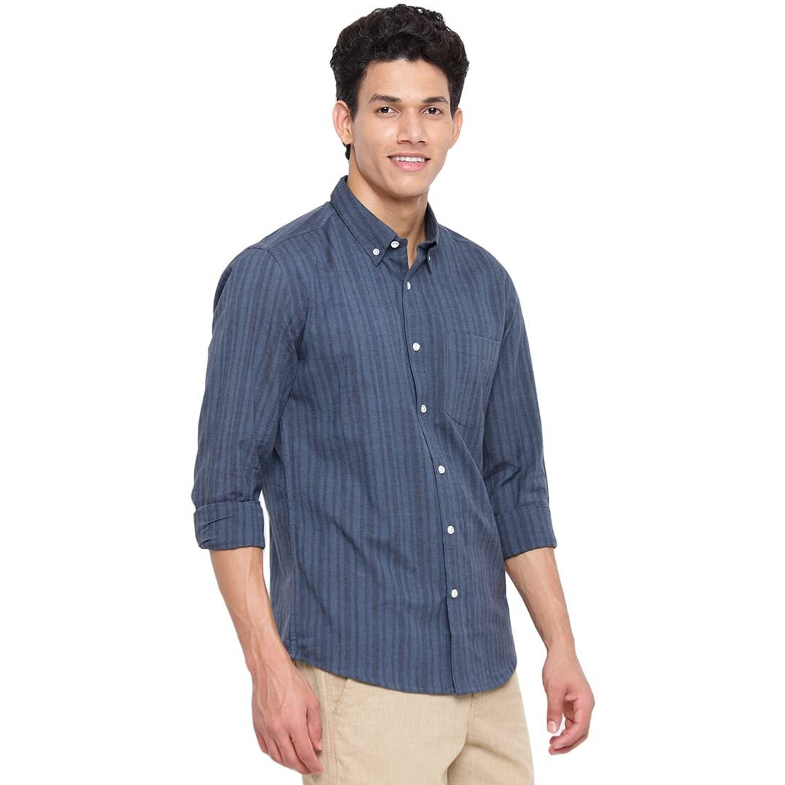 Fabindia Men Cotton Striped Slim Fit Shirt Navy_Xs