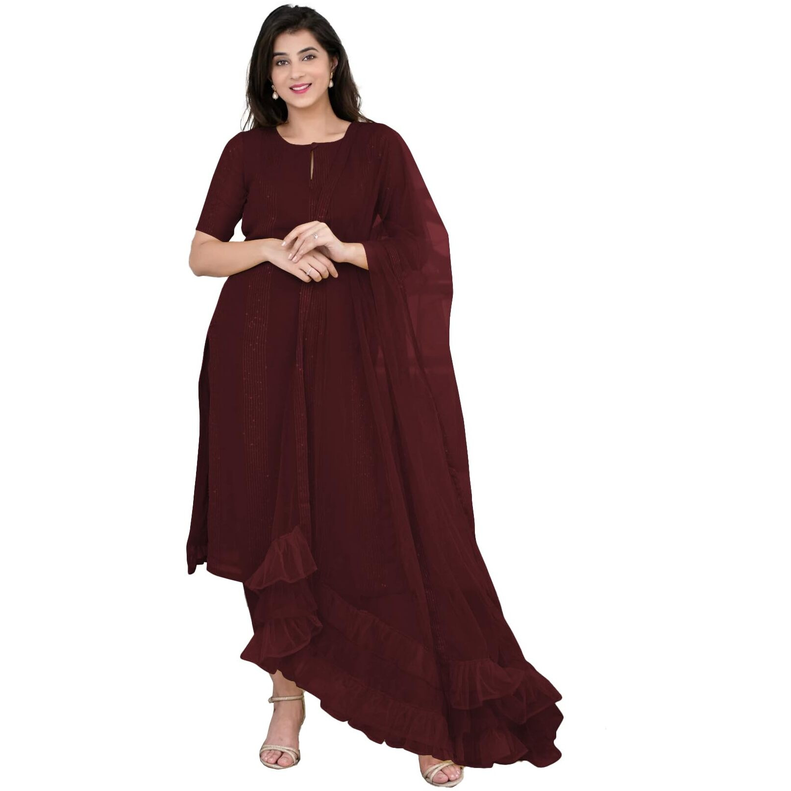 Fashion Basket Floral Chikvence Lin Anarkali Kurta With Pant And Dupatta (Xl, Browan)