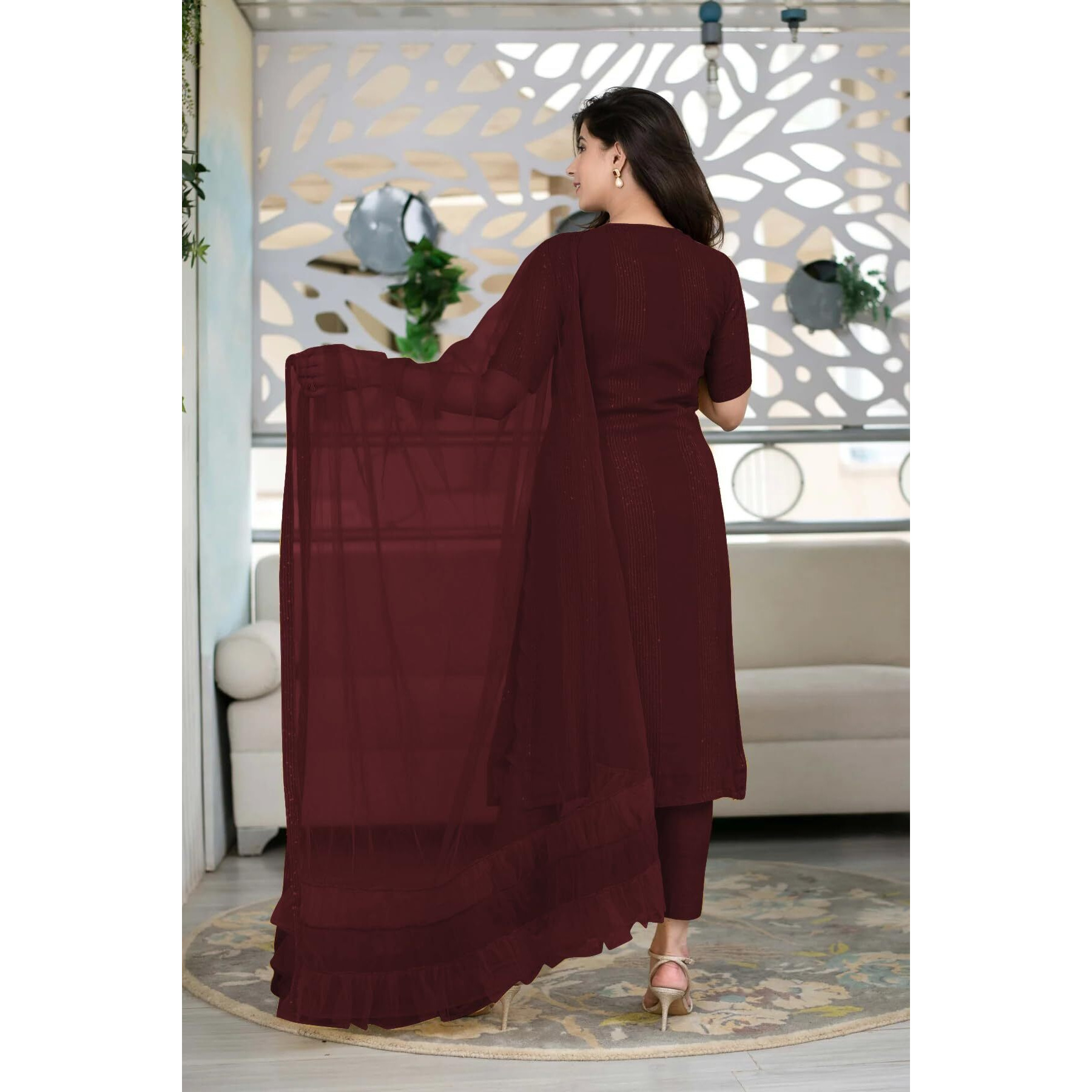 Fashion Basket Floral Chikvence Lin Anarkali Kurta With Pant And Dupatta (Xl, Browan)