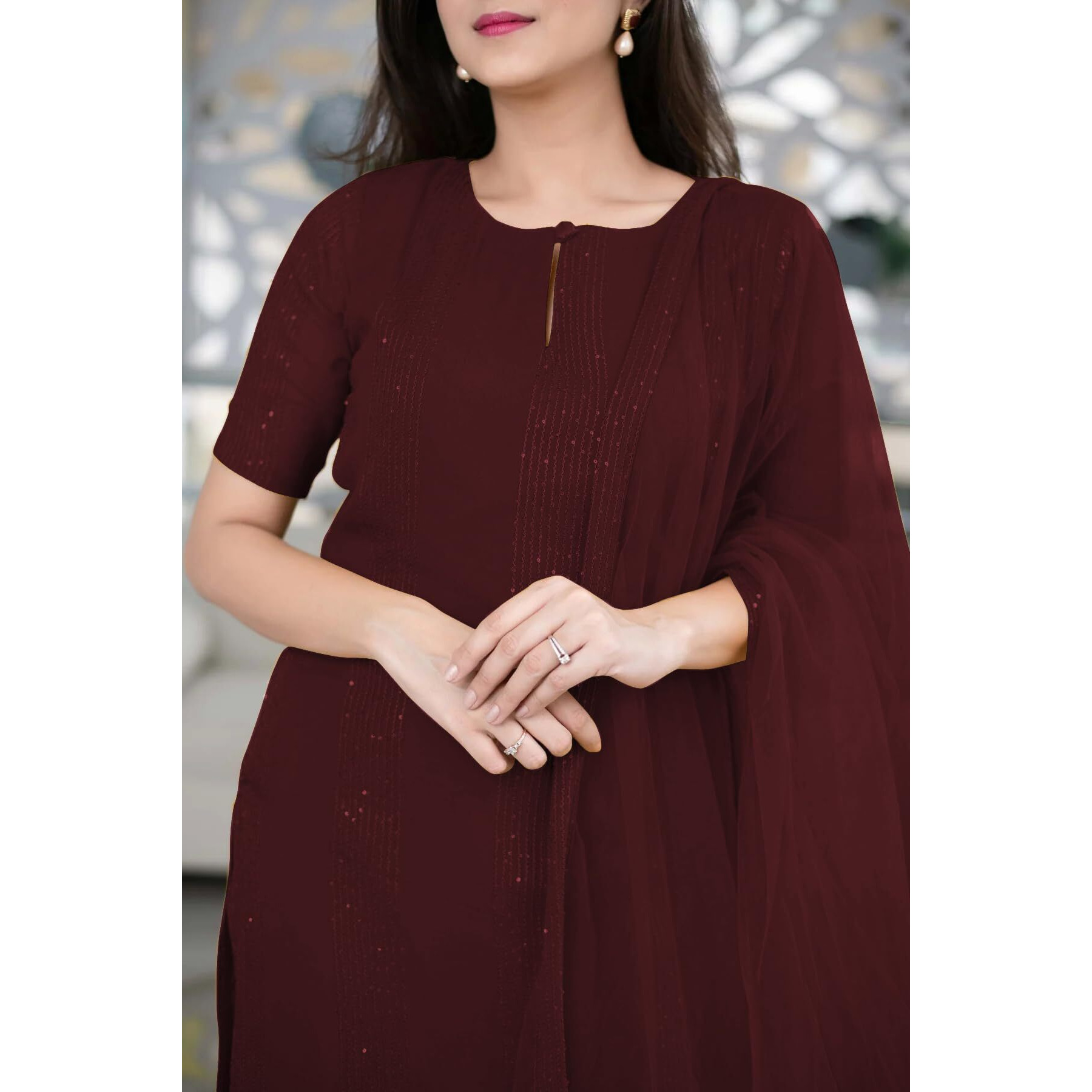 Fashion Basket Floral Chikvence Lin Anarkali Kurta With Pant And Dupatta (Xl, Browan)