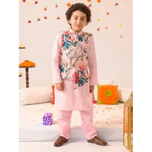 Pspeaches Boys Floral Printed Pure Cotton Kurta With Pyjamas Jacket