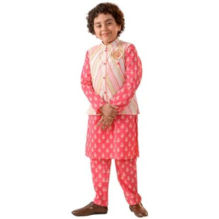 Pspeaches Boys Ethnic Motifs Printed Pure Cotton Kurta With Pyjamas & Nahru Jacket