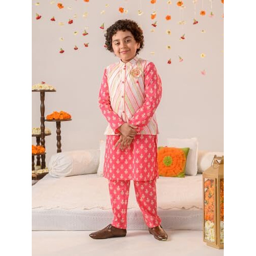 Pspeaches Boys Ethnic Motifs Printed Pure Cotton Kurta With Pyjamas & Nahru Jacket
