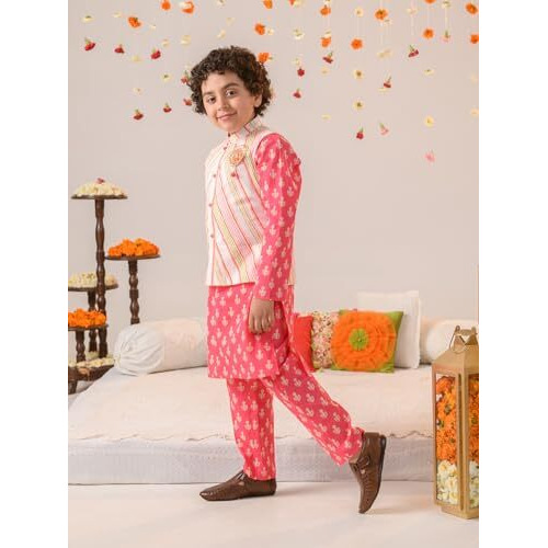 Pspeaches Boys Ethnic Motifs Printed Pure Cotton Kurta With Pyjamas & Nahru Jacket