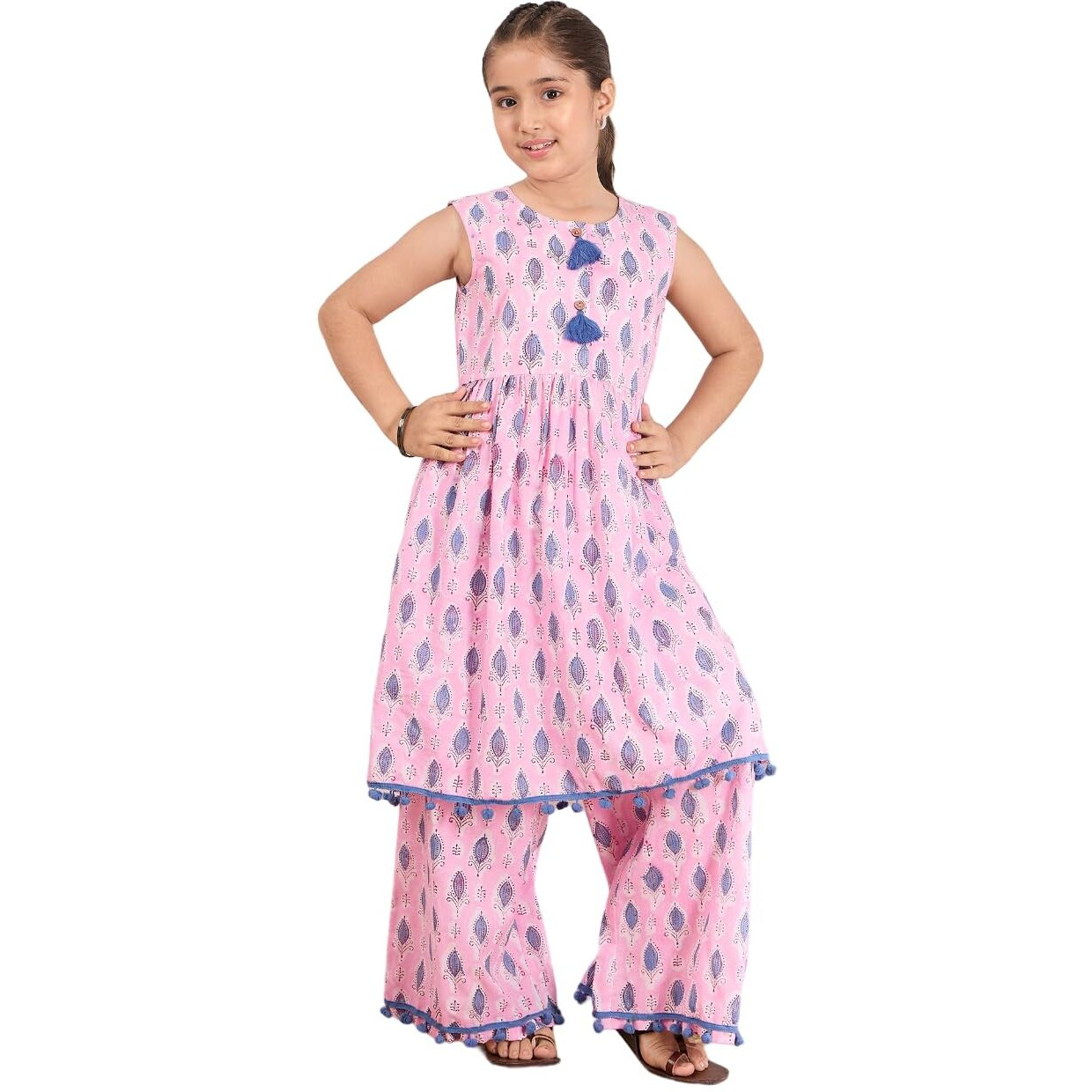 Pspeaches Girl's Cotton Regular 1 Kurta, 1 Pant (Ks-Pinkblueleaf-12-14Y_Pink