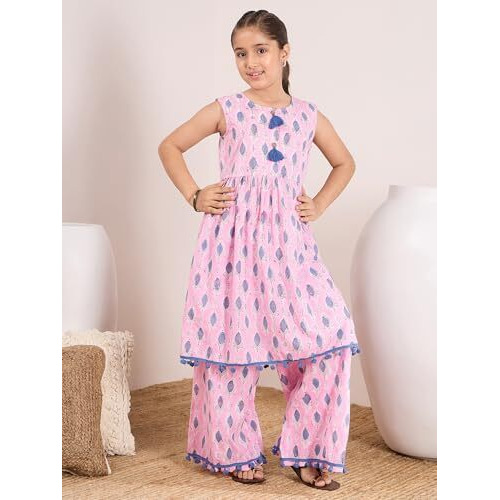 Pspeaches Girl's Cotton Regular 1 Kurta, 1 Pant (Ks-Pinkblueleaf-12-14Y_Pink